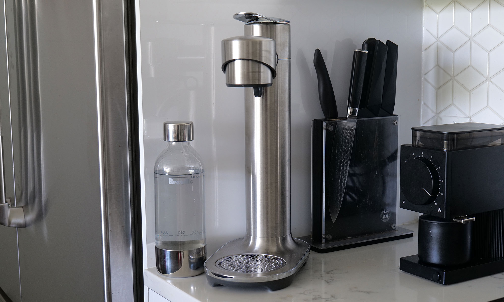 The Breville InFizz Fusion is a very simple machine as it doesn't require any power and uses the same one-pound C02 refills as a Sodastream. Just remember to buy canisters with threaded tops and not the ones with quick-connect fittings. 