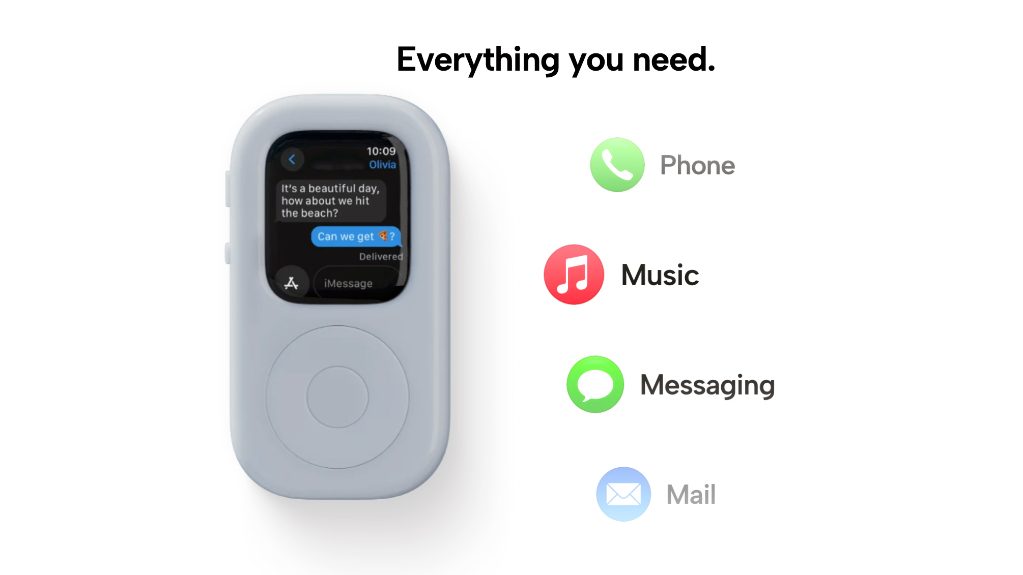 Marketing screenshot for the tinyPod. The iPod-like device sits next to icons for Phone, Music, Messaging and Mail, demonstrating its capabilities. White background.