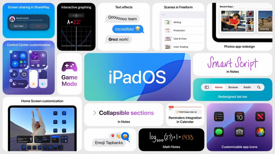Apple collage showing various features from iPadOS 18