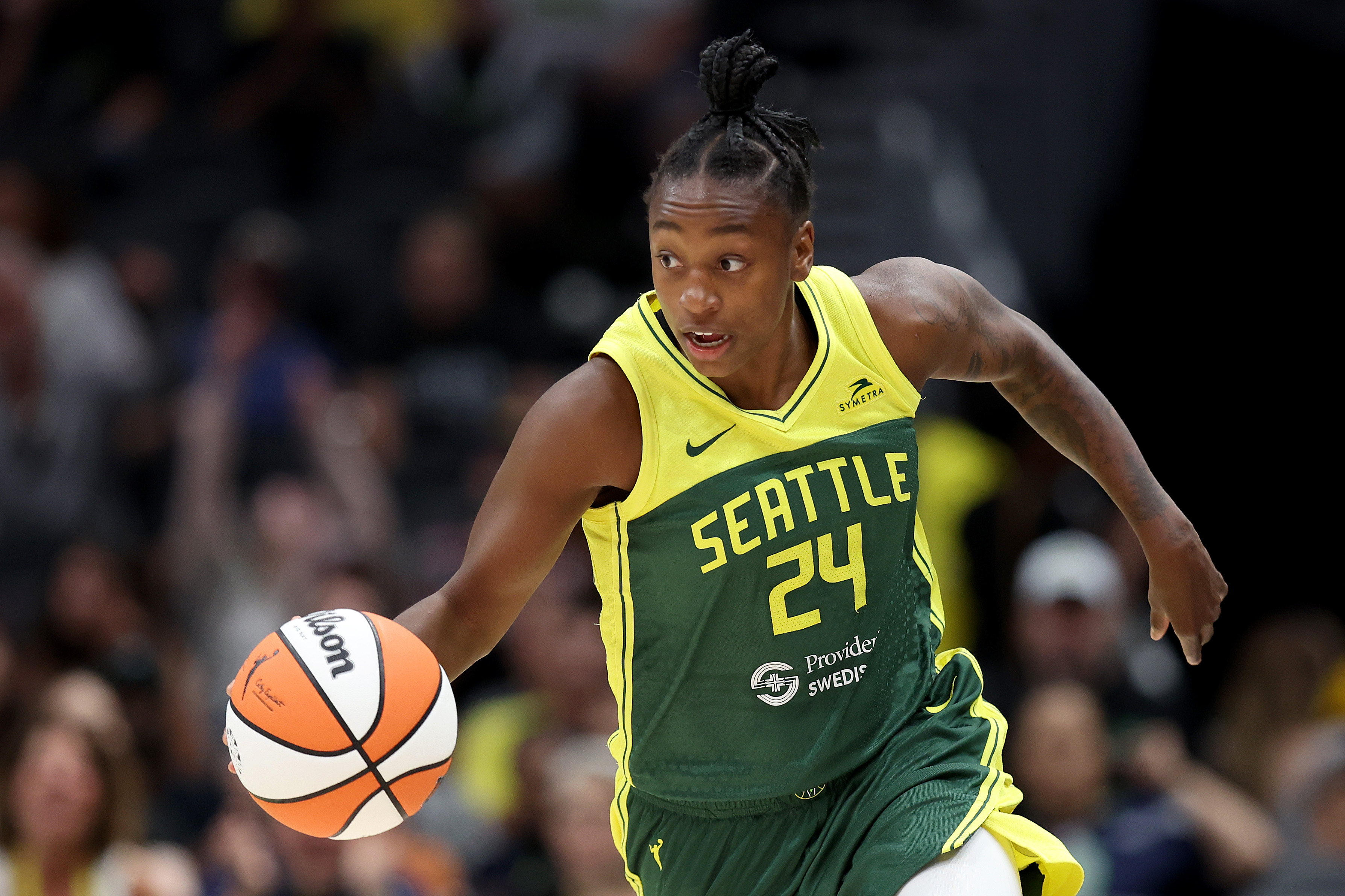 SEATTLE, WASHINGTON - JULY 12: Jewell Loyd #24 of the Seattle Storm dribbles against the Minnesota Lynx during the third quarter at Climate Pledge Arena on July 12, 2024 in Seattle, Washington. NOTE TO USER: User expressly acknowledges and agrees that, by downloading and or using this photograph, User is consenting to the terms and conditions of the Getty Images License Agreement. (Photo by Steph Chambers/Getty Images)