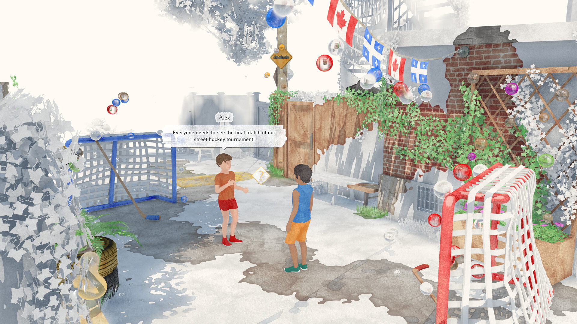 Screenshot of a game called Été. Two kids discuss a game of hockey they're playing in an alley way. Canadian and Quebec flags are above them. The scene is depicted in a watercolor style, though much of it appears white, as though it has yet to be painted.