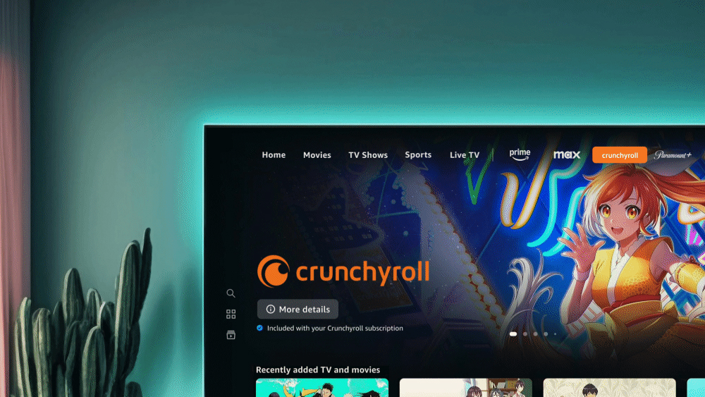 Closeup of the leftmost section of a mounted TV showing the new Prime TV layout. Crunchyroll is highlighted.