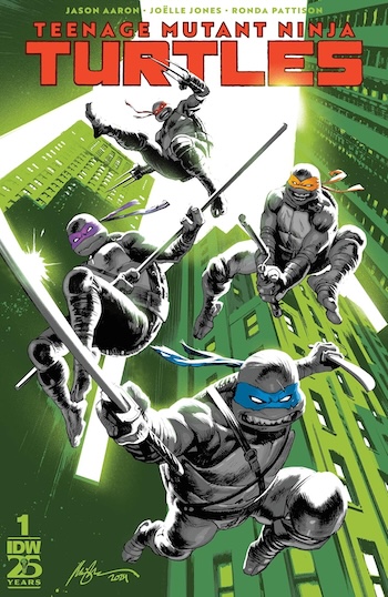 The cover for the new Teenage Mutant Ninja turtles, showing the brothers in black-and white with their face masks in color, against a city background that is tinted green