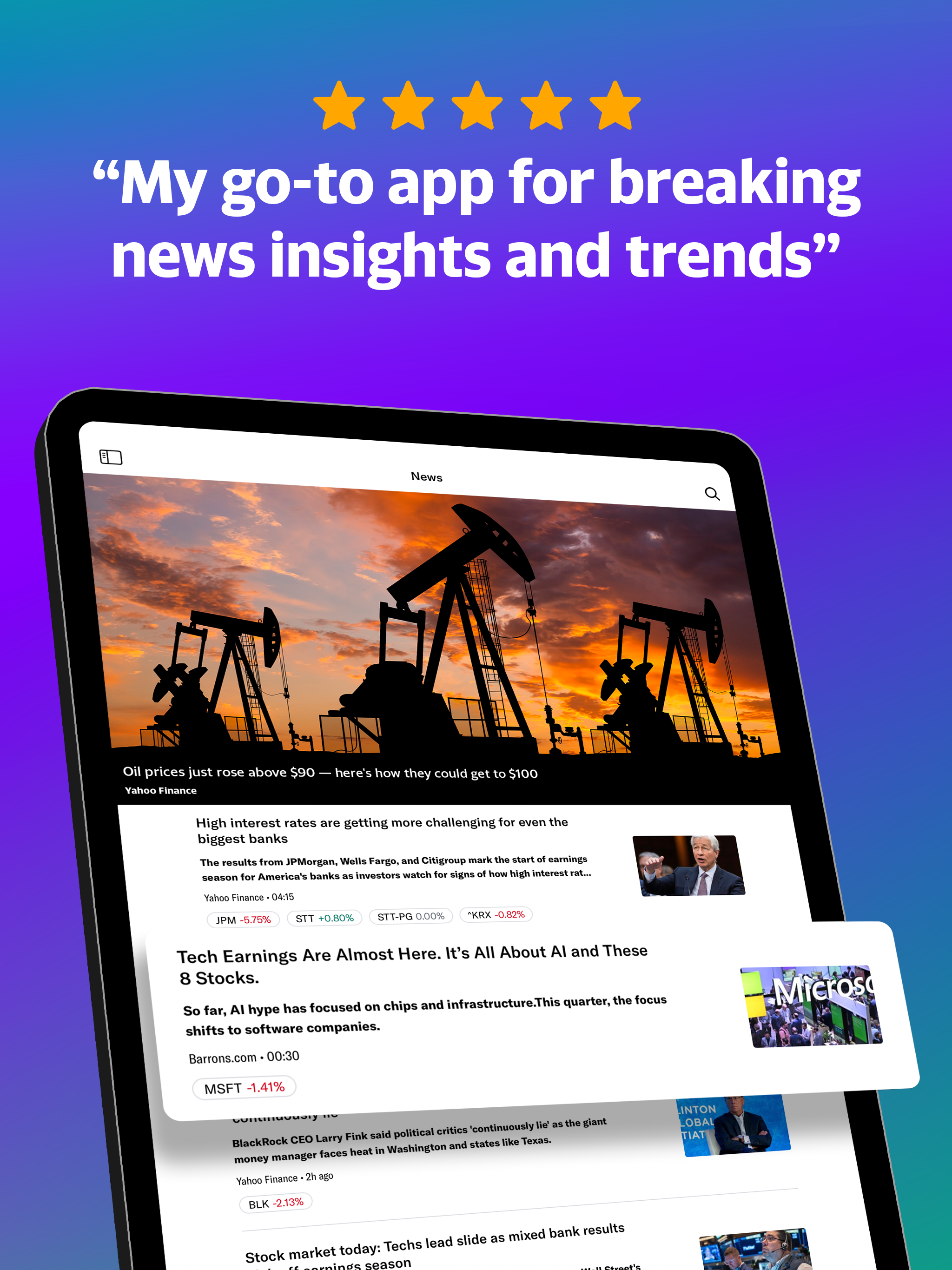 A mobile phone showing a news stream in the Yahoo Finance app.