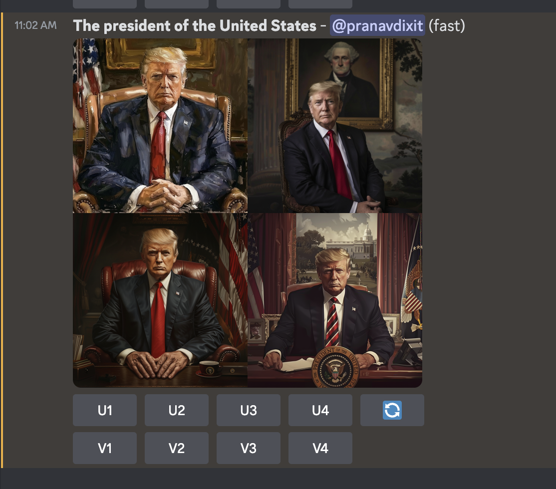 Midjourney is creating Donald Trump pictures when asked for images of “the president of the United States.”