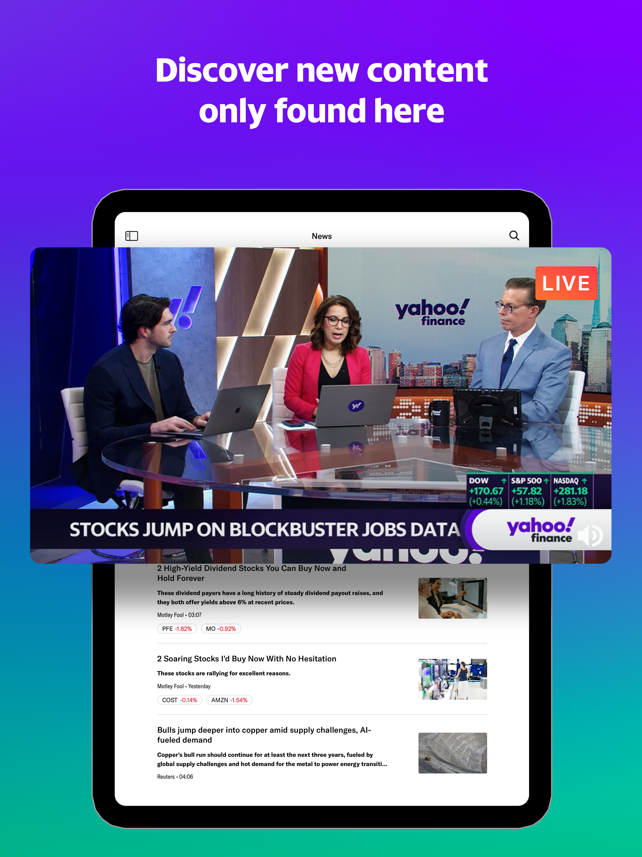 A mobile phone showing the Yahoo Finance app highlighting video news programming.