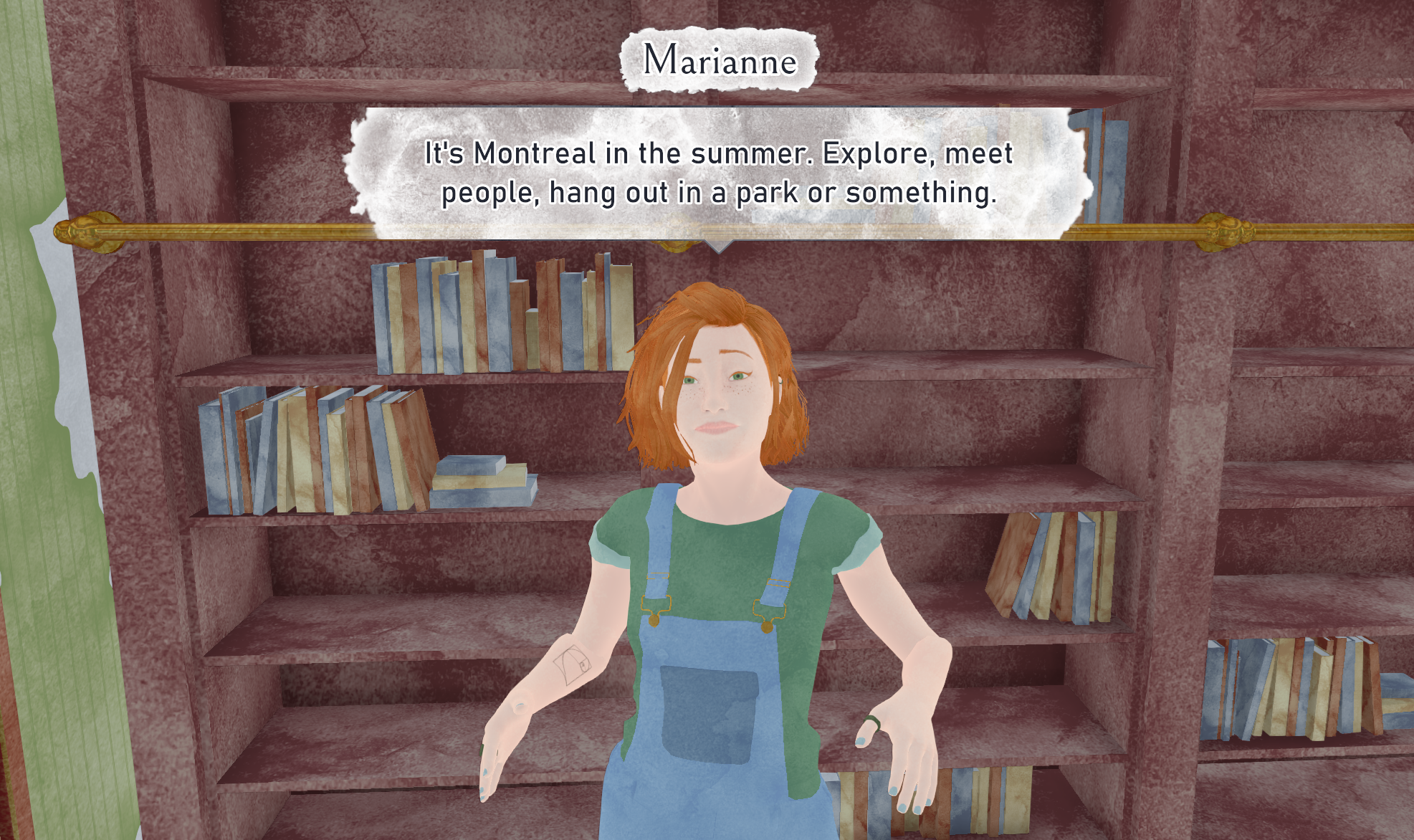 Screenshot of a game called ?迟é. A person and a bookcase behind them are depicted in a watercolor art style. Text bubble reads 