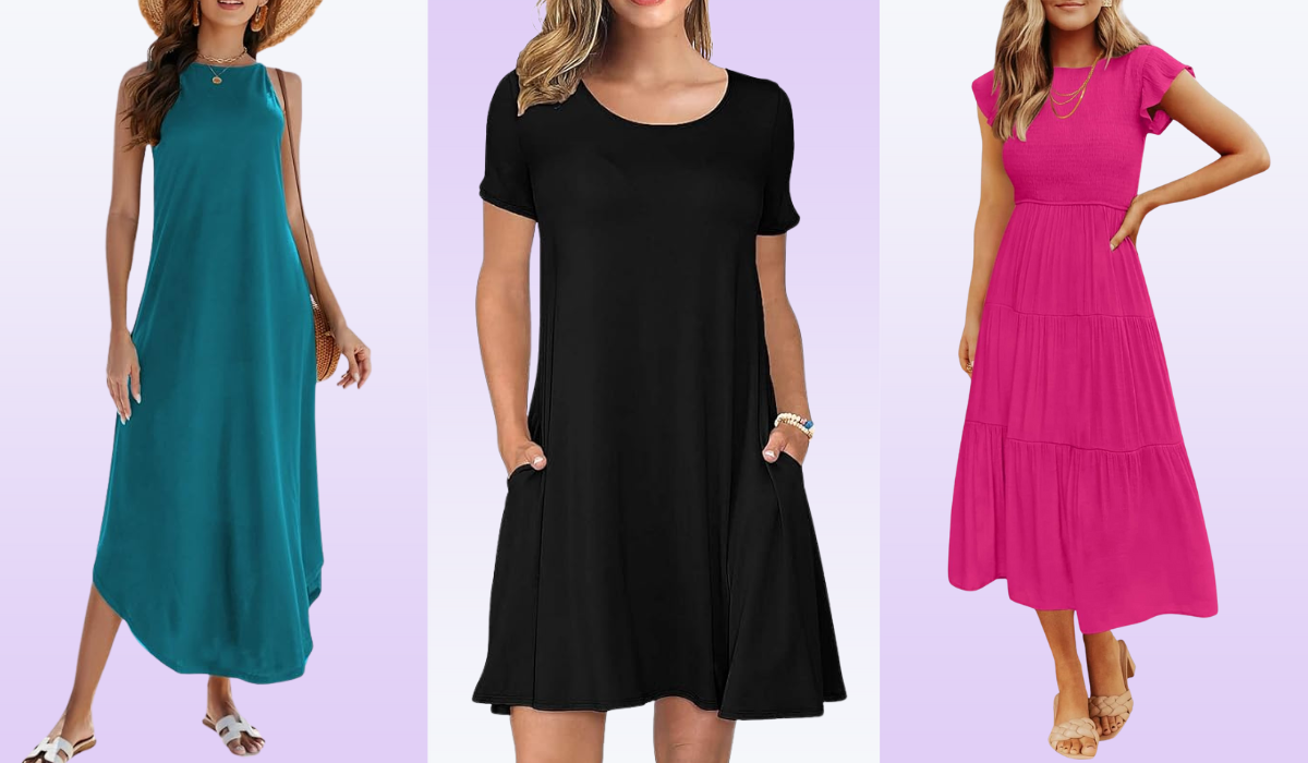 women wearing three different dresses — teal maxi dress, black t-shirt dress, and hot pink flutter sleeve midi dress