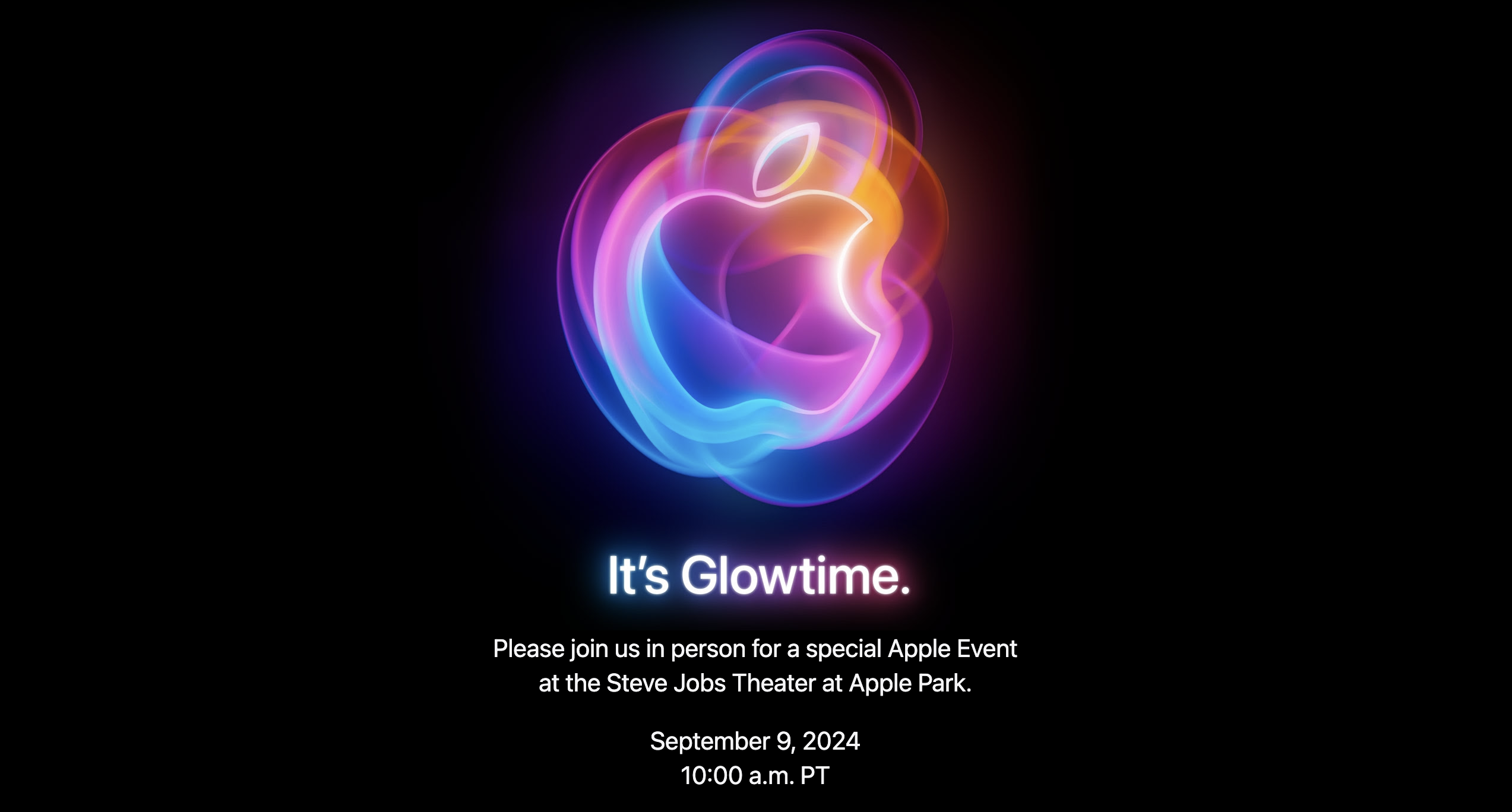 2024 Apple iPhone event invite. It features a glowing Apple logo with text reading 