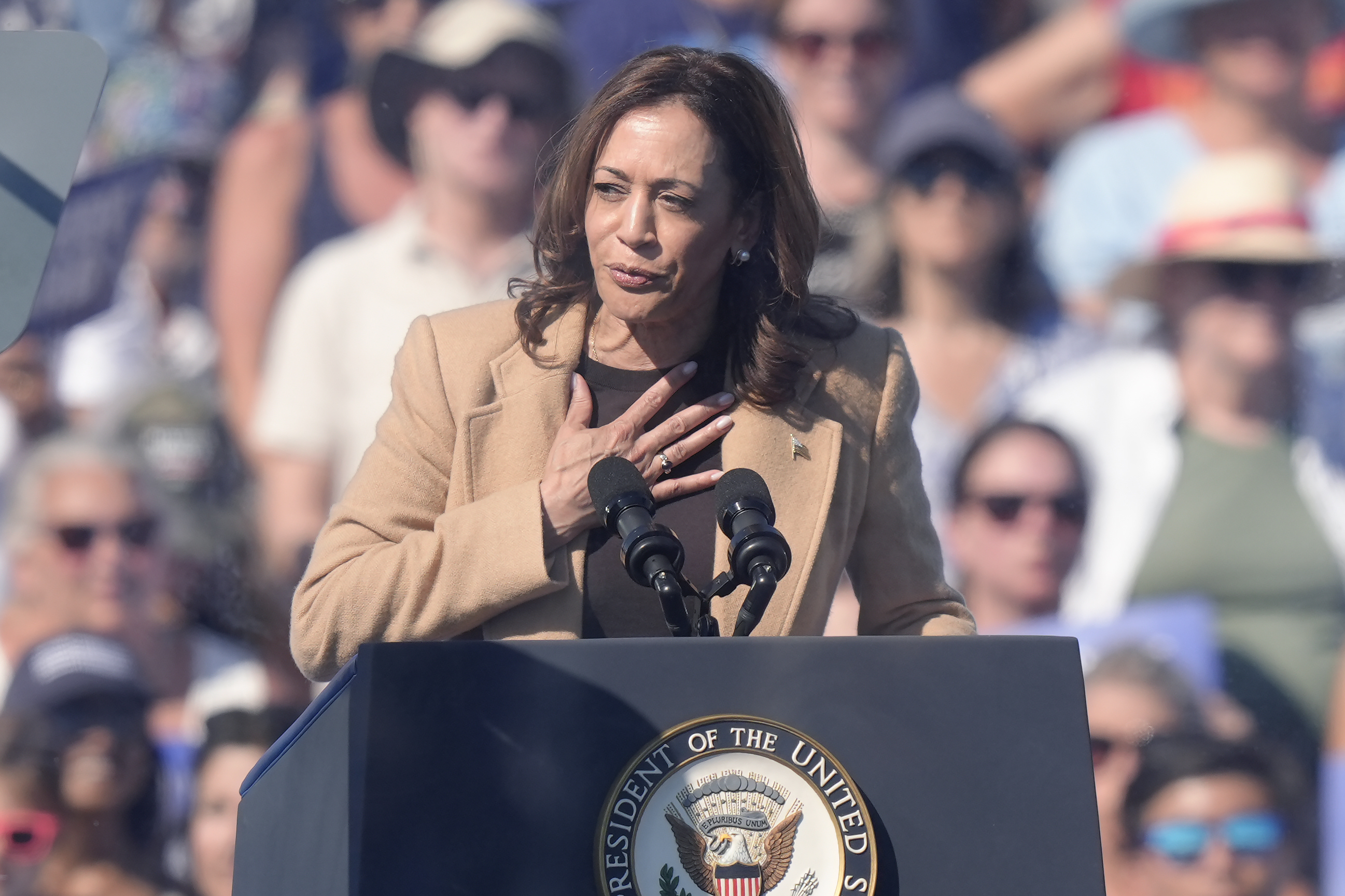 Democratic presidential nominee Vice President Kamala Harris speaks during a campaign stop at the Throwback Brewery, in North Hampton, N.H., Wednesday, Sept. 4, 2024. (AP Photo/Steven Senne)