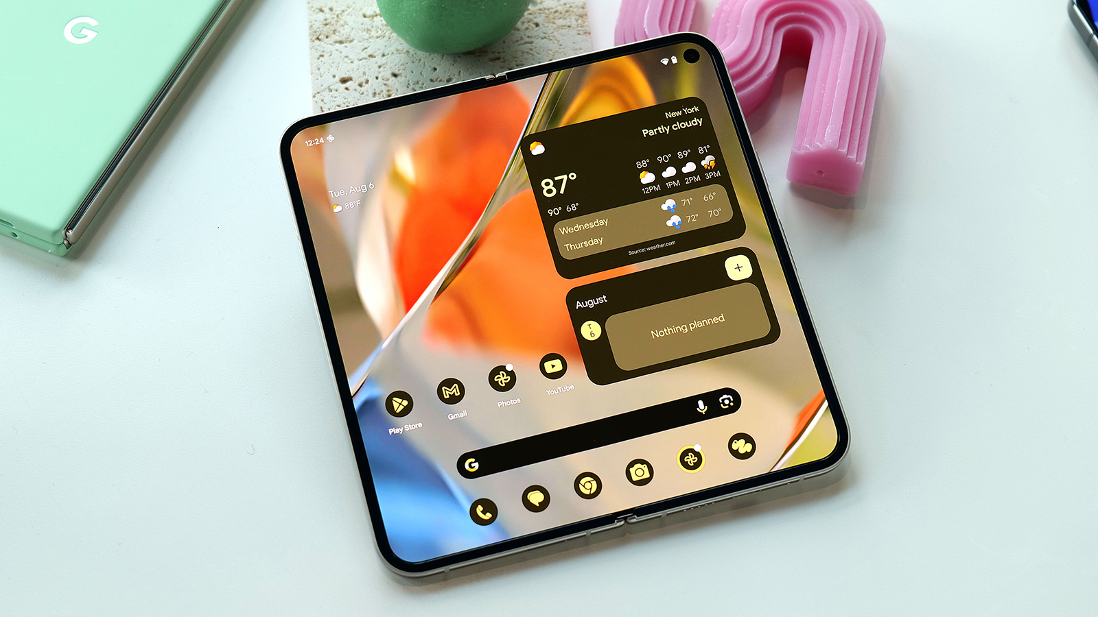 The Pixel 9 Pro Fold is open to display its interior screen. 