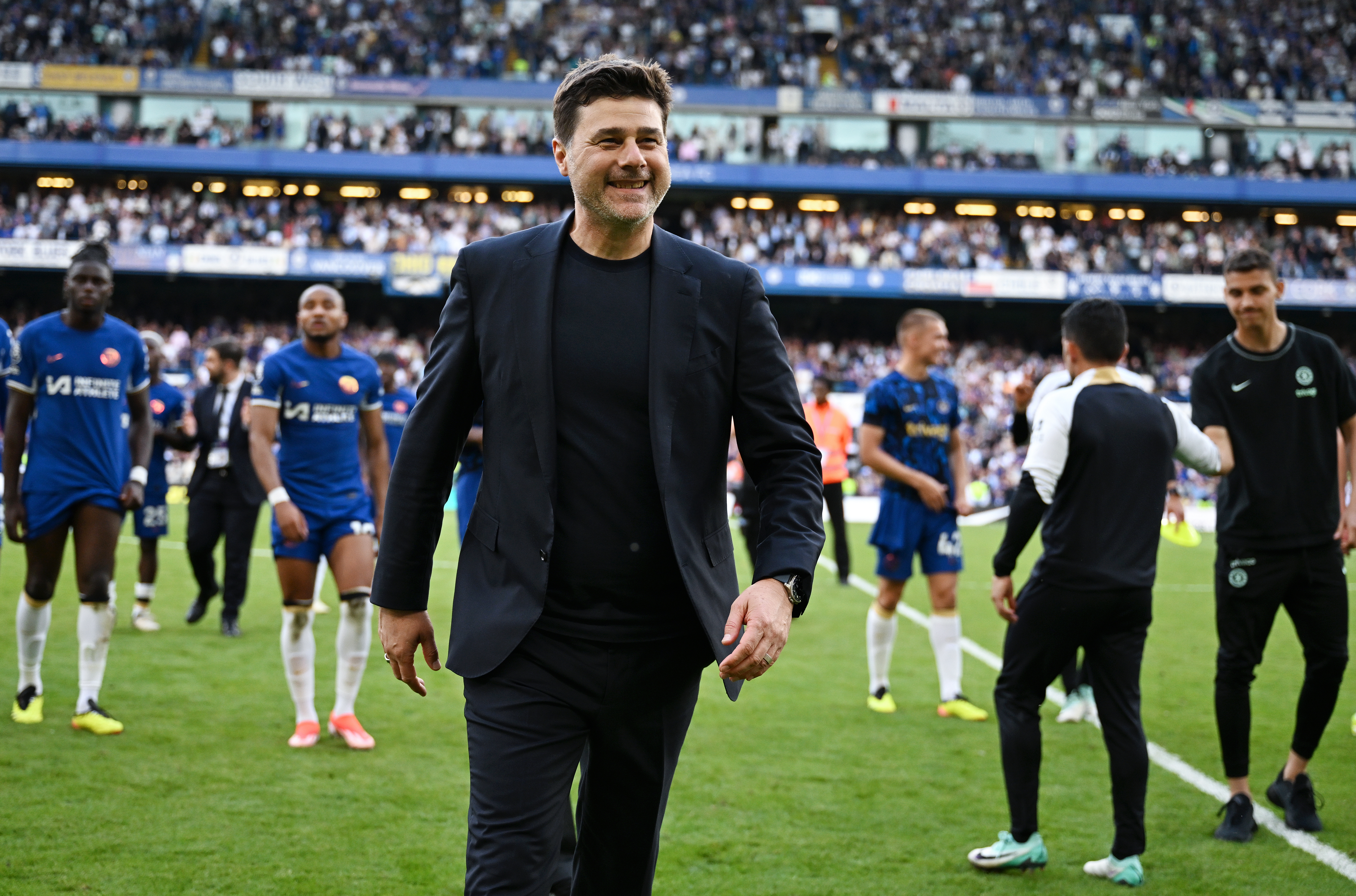 LONDON, ENGLAND - MAY 19: Mauricio Pochettino, Manager of Chelsea, reacts at full-time following the team's victory in the Premier League match between Chelsea FC and AFC Bournemouth at Stamford Bridge on May 19, 2024 in London, England. (Photo by Darren Walsh/Chelsea FC via Getty Images)