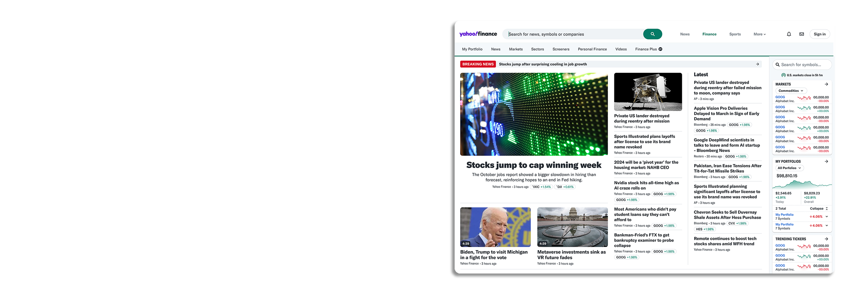 A view of the new Yahoo Finance Home Screen.