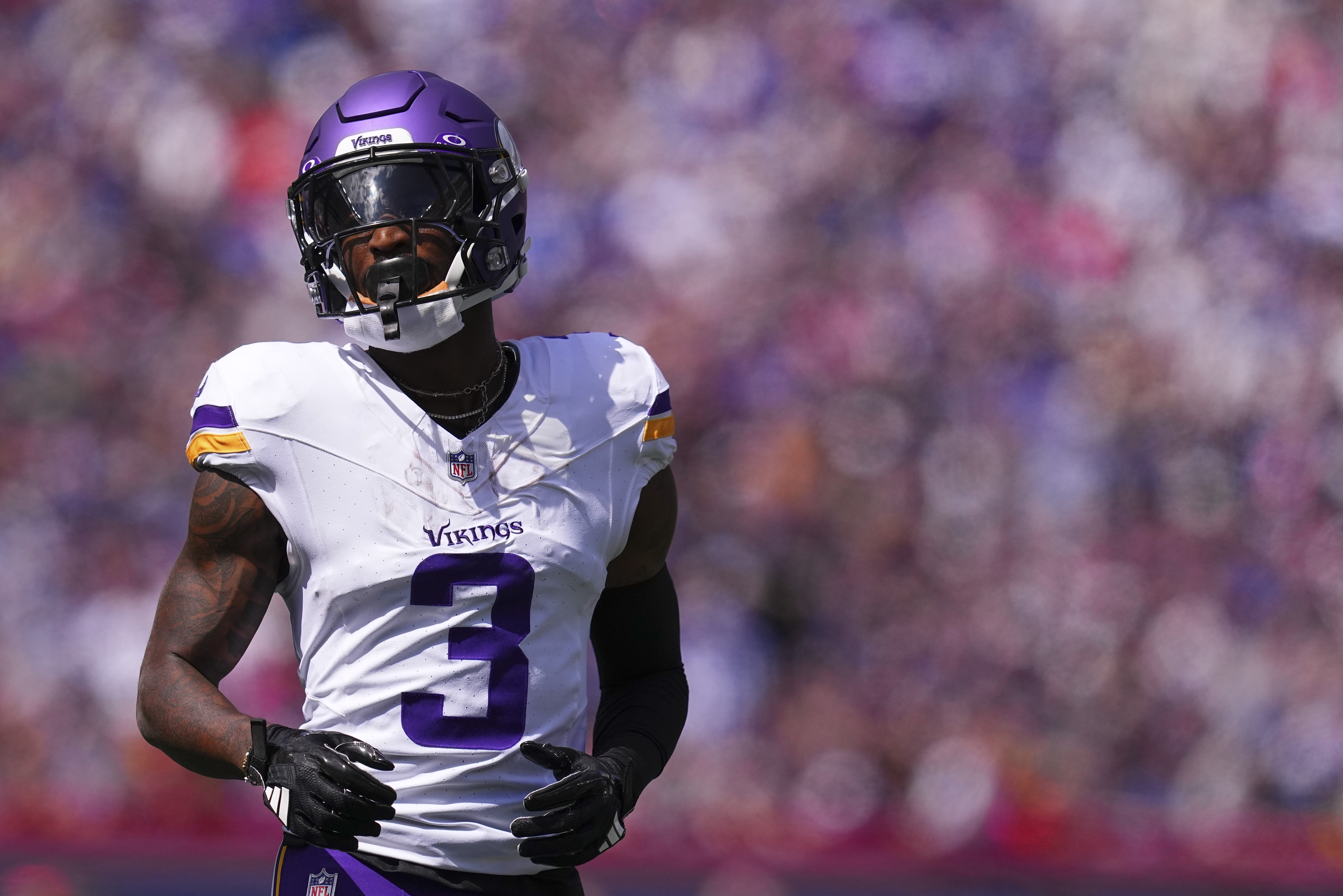 Jordan Addison #3 of the Minnesota Vikings looks on against the New York Giants at MetLife Stadium on September 8, 2024 in East Rutherford, New Jersey. (Photo by Mitchell Leff/Getty Images)