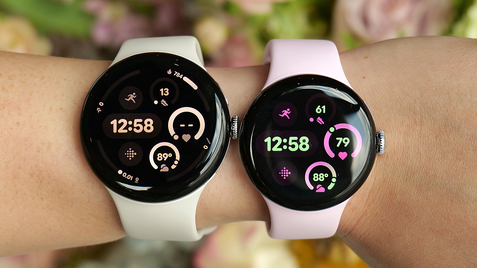 Both the 41mm and 45mm sizes of the Pixel Watch 3 are displayed on a person's wrist. 