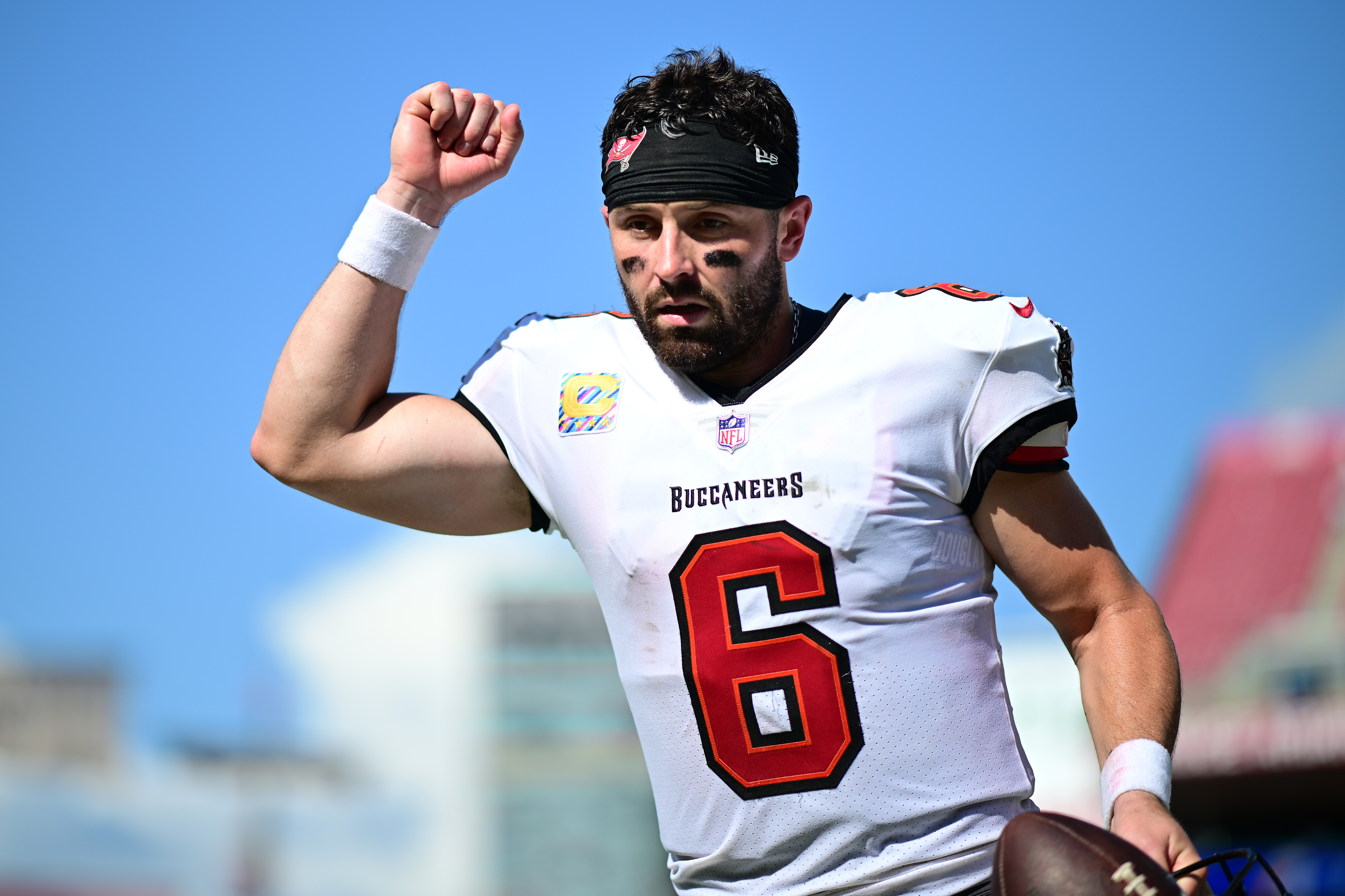 Baker Mayfield leads the Buccaneers into a big NFC South showdown against the Falcons on Thursday night. (Photo by Julio Aguilar/Getty Images)