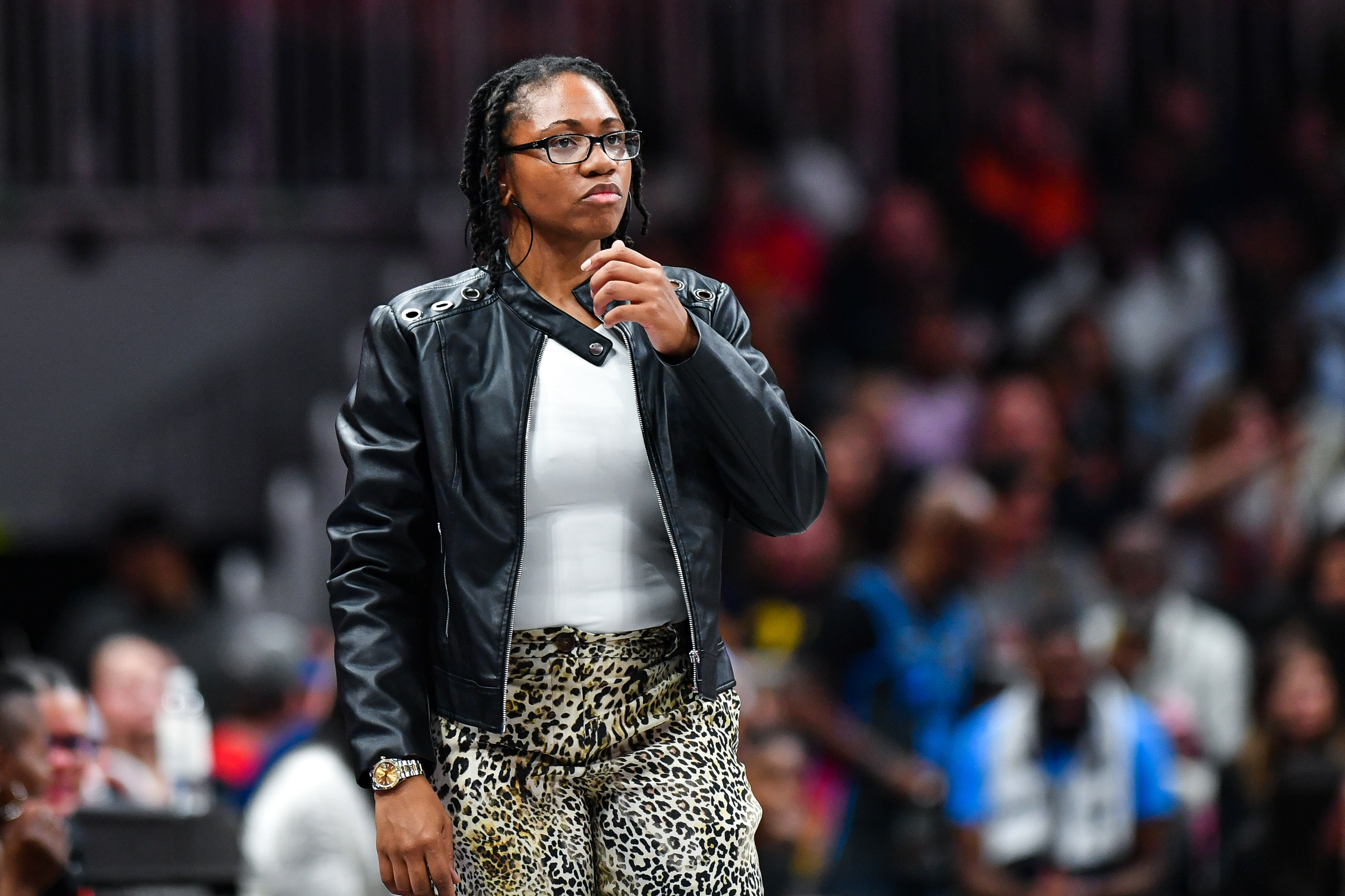 ATLANTA, GA  JUNE 21:  Atlanta head coach Tanisha Wright reacts during the WNBA game between the Indiana Fever and the Atlanta Dream on June 21st, 2024 at State Farm Arena in Atlanta, GA. (Photo by Rich von Biberstein/Icon Sportswire via Getty Images)