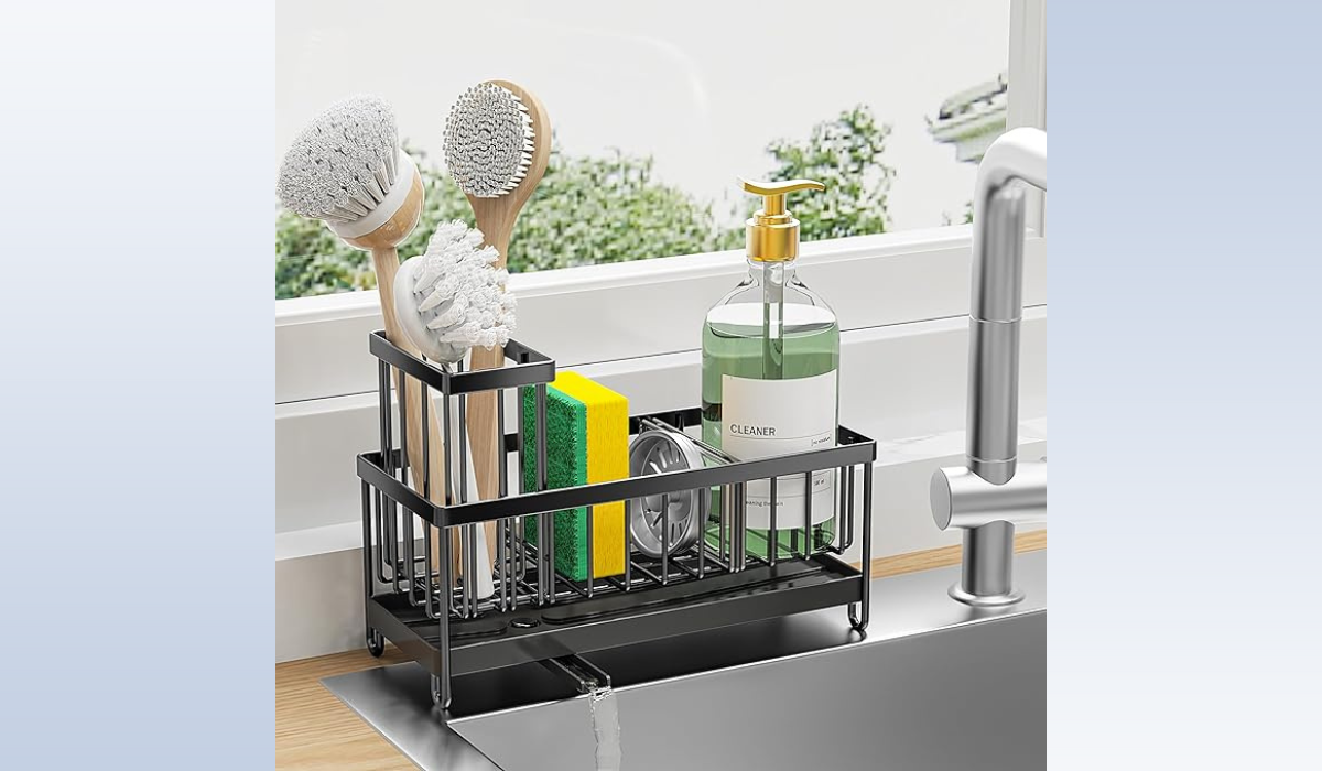 This  kitchen caddy drains right into the sink: ‘No more nasty wet spots’