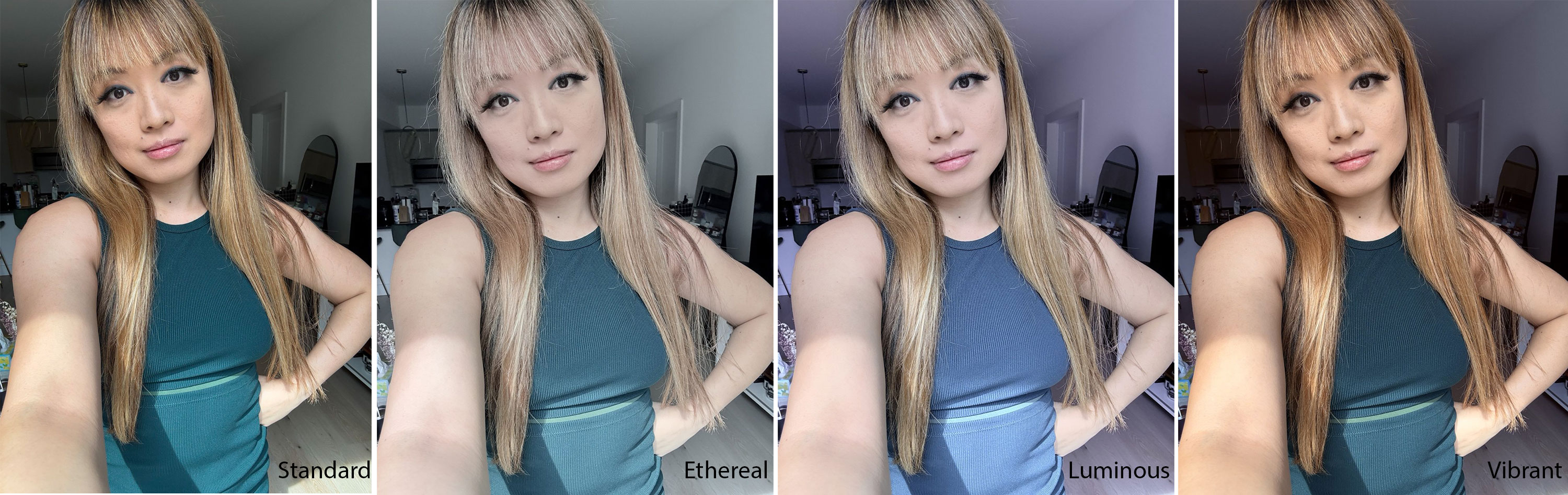 A composite of four sample photos featuring a woman gazing into the camera, each with a different Photographic Style applied. A label at the bottom right of each image shows which Style is used and they are, from left to right, Standard, Ethereal, Luminous and Vibrant.