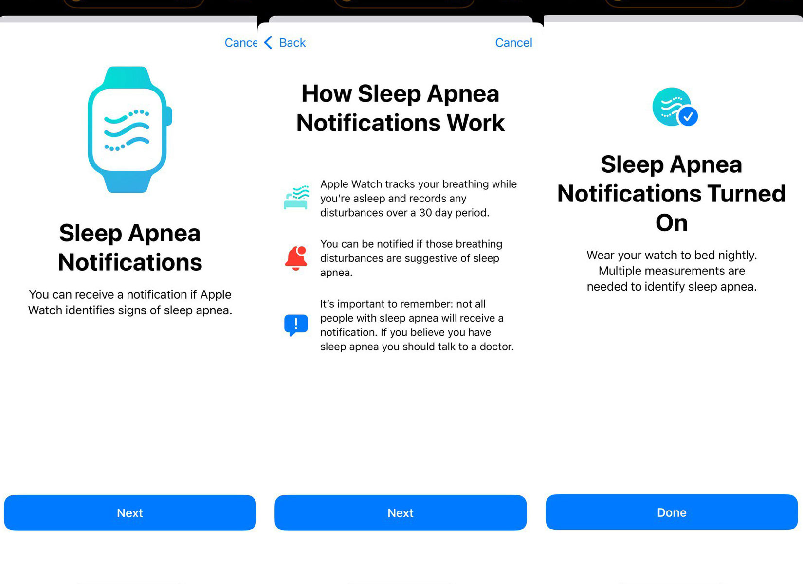 Three screenshots in a composite showing the setup process for Sleep Apnea notifications. 