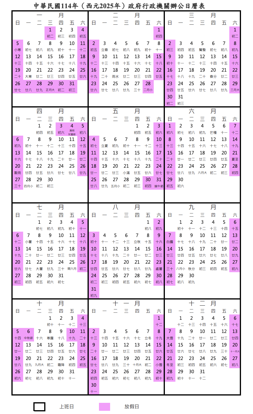 2025年政府行政機關辦公日曆表（取自人事行政總處官網）