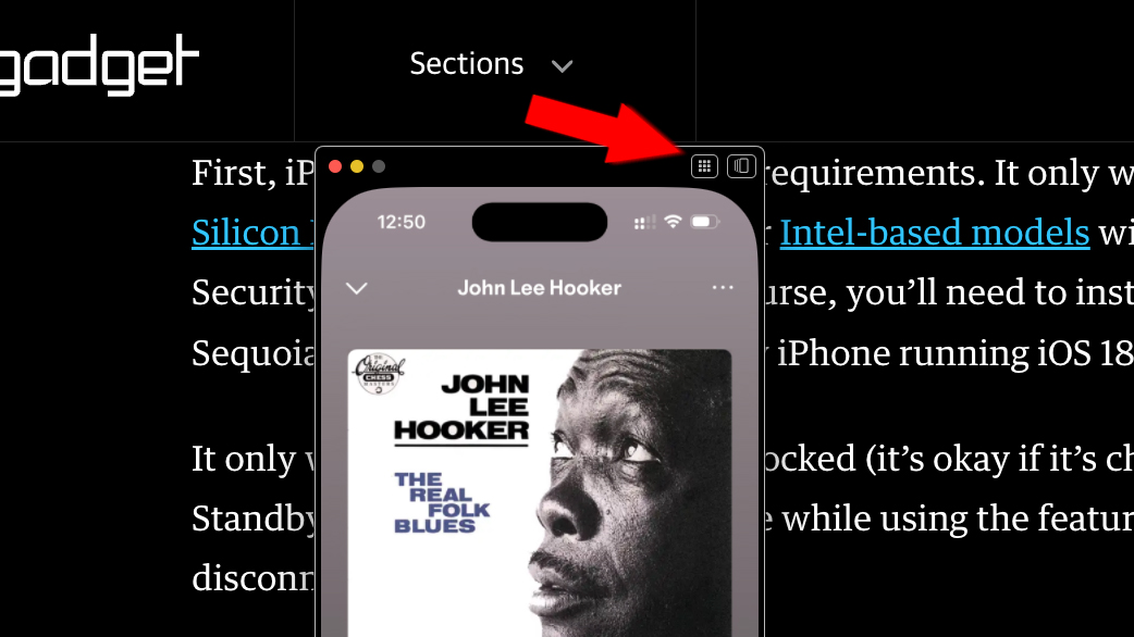 macOS screenshot of the iPhone Mirroring app (showing Spotify, playing a John Lee Hooker album) overlaying a webpage in Chrome on Mac. A red arrow points at two buttons (Home and App Switcher) at the top of the virtual iPhone window.