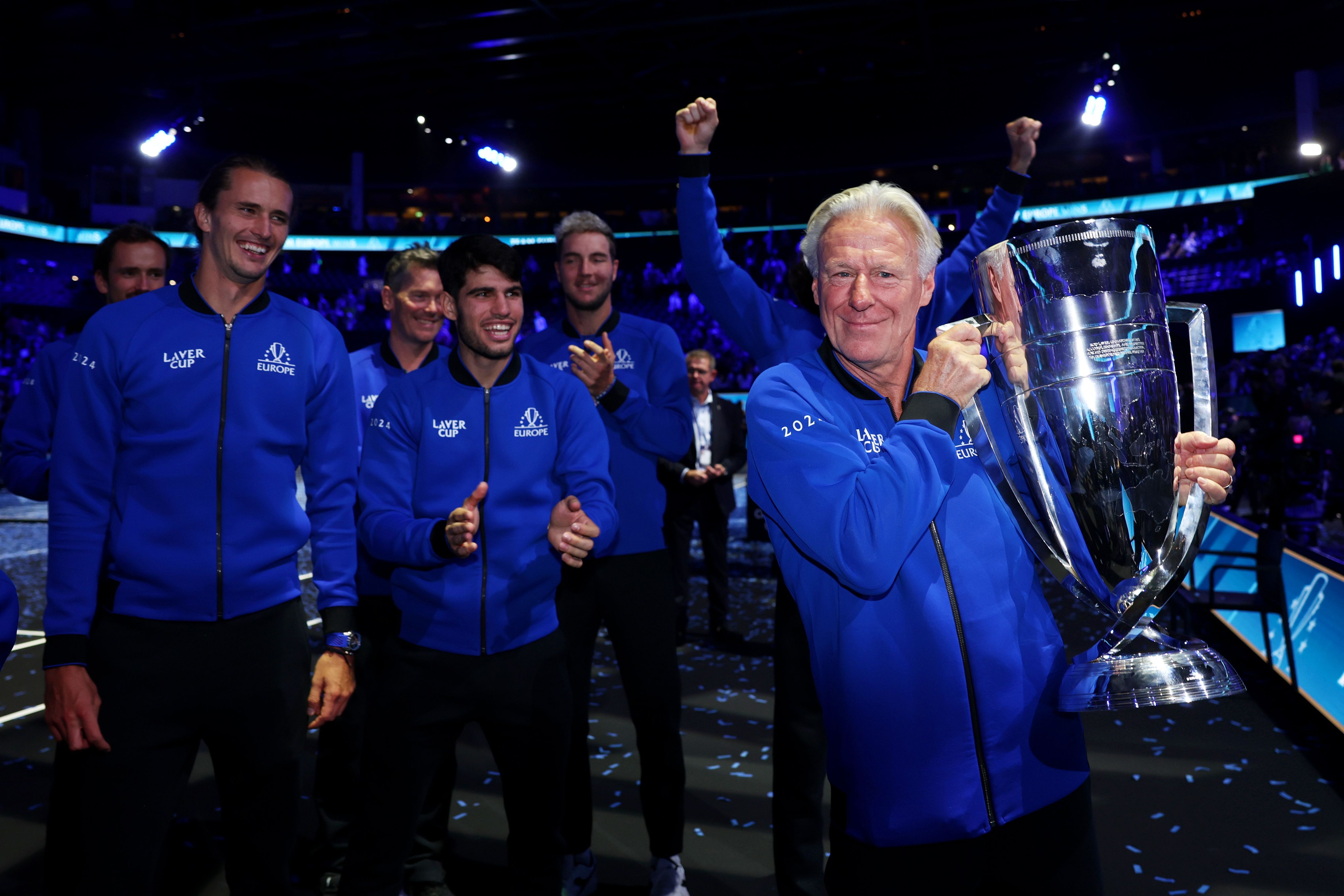 Björn Borg and Team Europe celebrate their victory. (Clive Brunskill/Getty Images for Laver Cup)