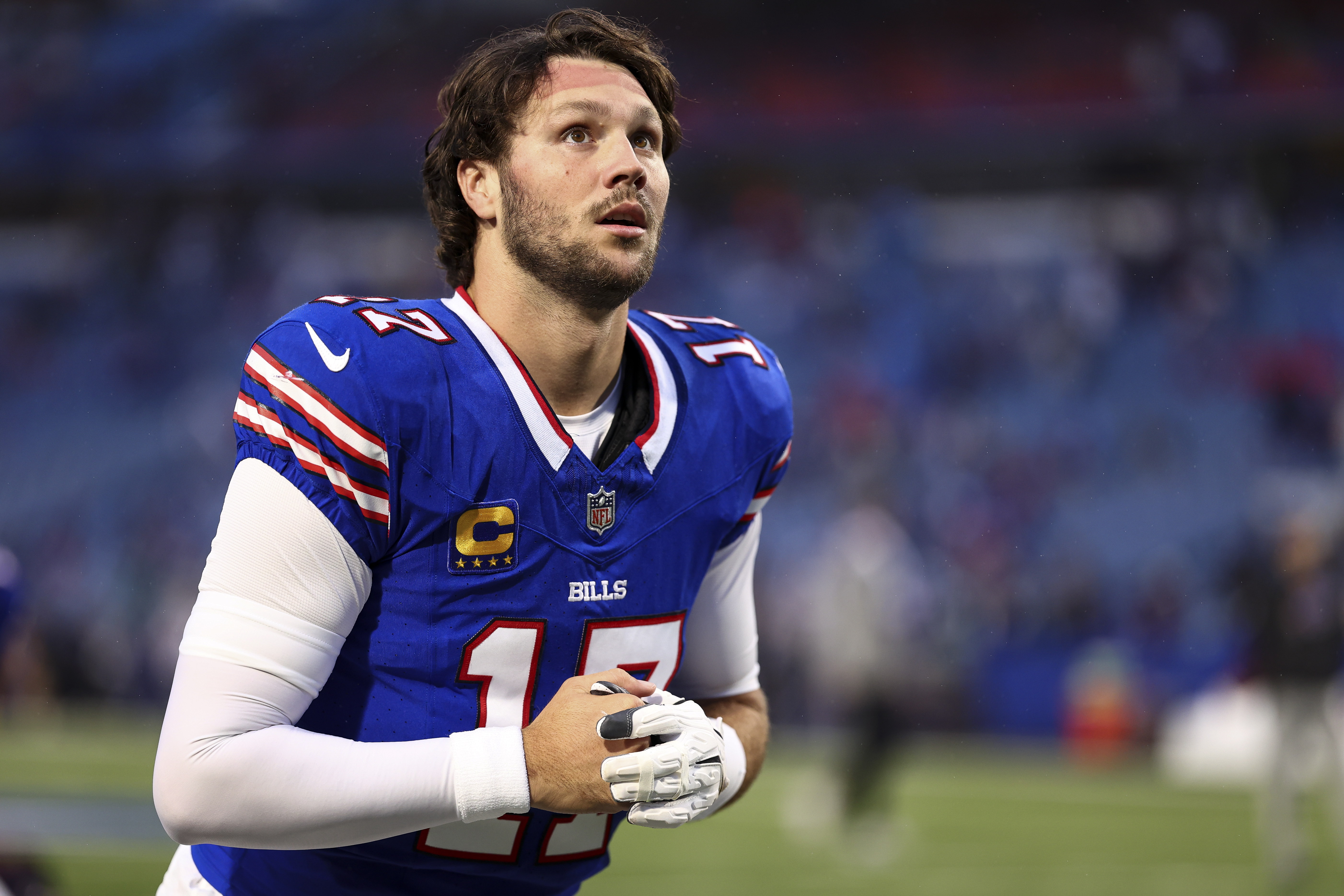 Josh Allen is lacking a true No. 1 option after the offseason departure of Stefon Diggs. (Kevin Sabitus/Getty Images)