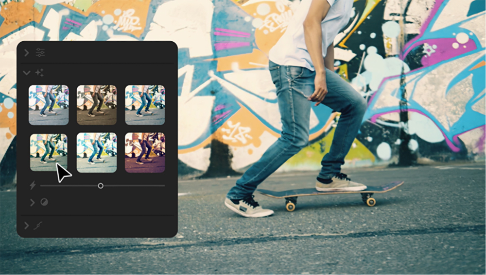 Demo slide of Adobe’s Premiere Elements 2025 LUT correction. A person skateboarding with a pop-up menu showing color filter options for the entire image.