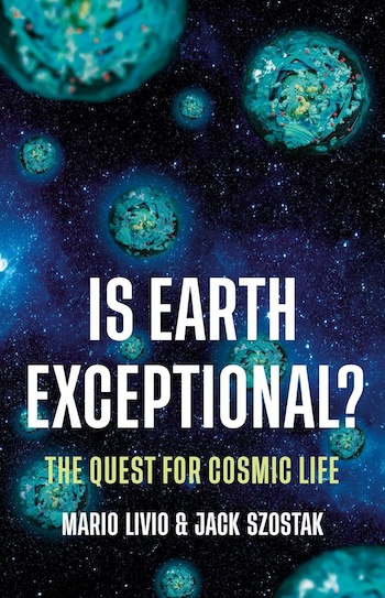 The cover for Is Earth Exceptional? Spherical green structures are pictured arranged like dense planets against a backdrop of stars