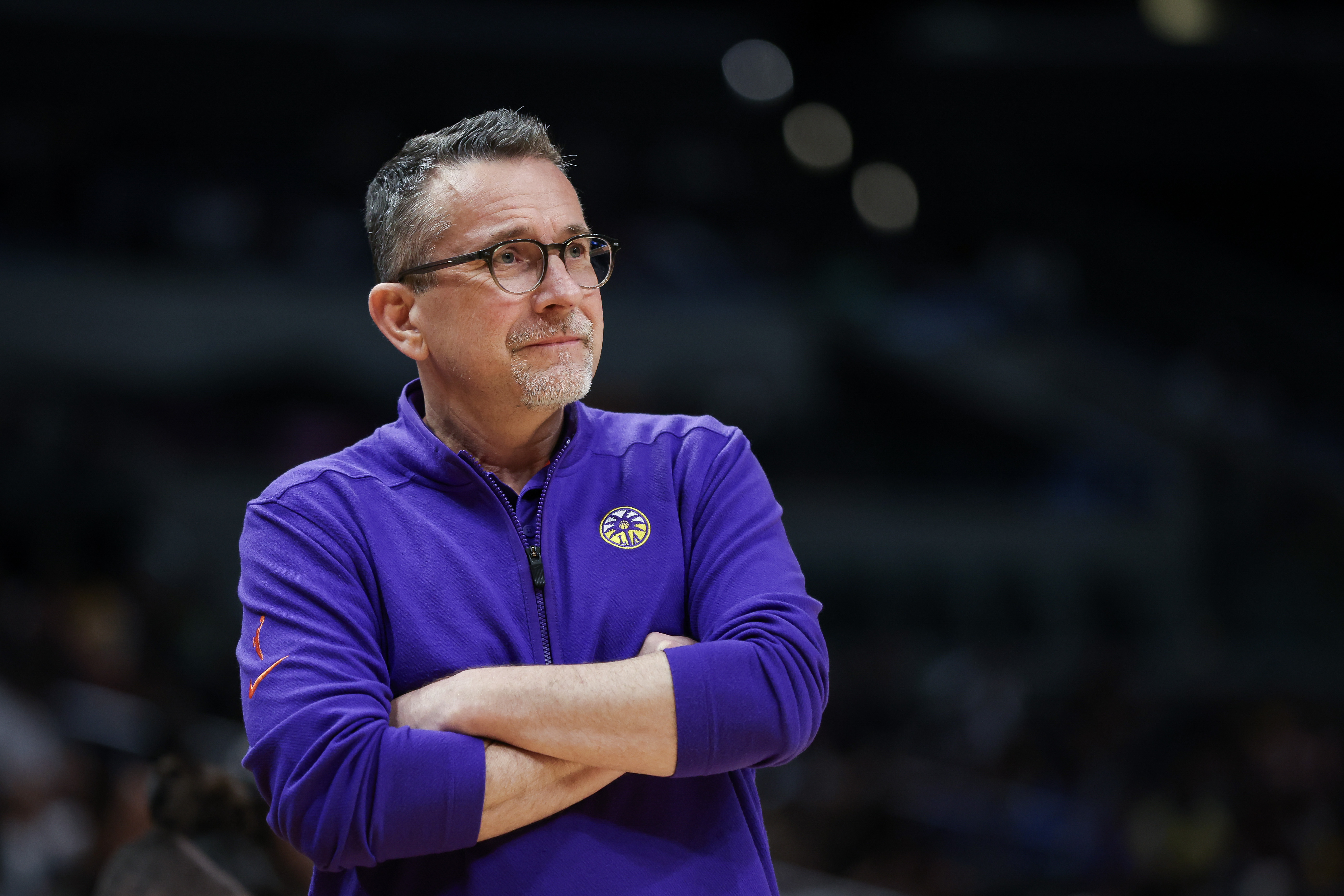 LOS ANGELES, CALIFORNIA - JULY 02: Head Coach Curt Miller of the Los Angeles Sparks looks on during the first half against the Washington Mystics at Crypto.com Arena on July 02, 2024 in Los Angeles, California. NOTE TO USER: User expressly acknowledges and agrees that, by downloading and or using this photograph, user is consenting to the terms and conditions of the Getty Images License Agreement. (Photo by Meg Oliphant/Getty Images)