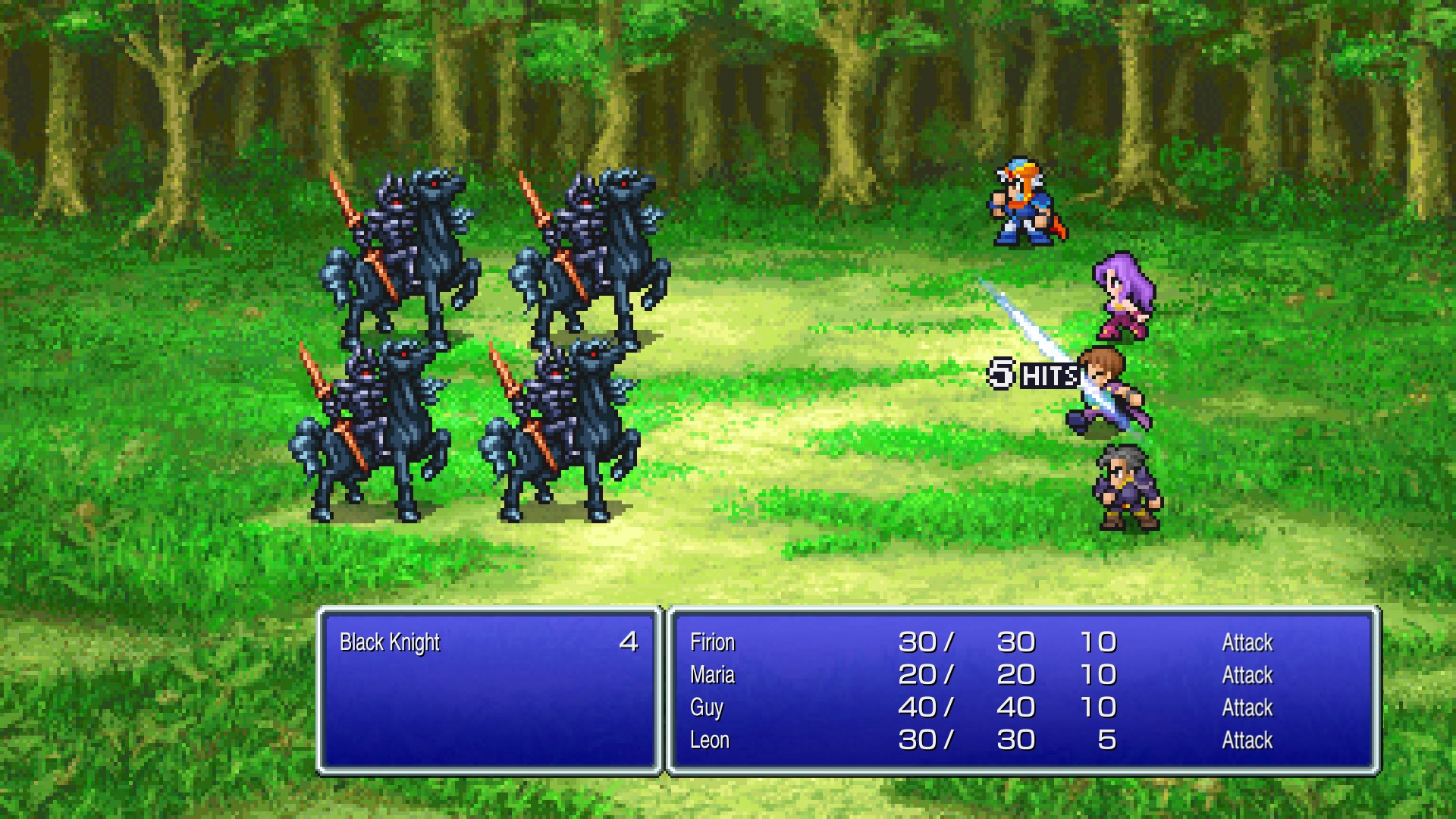 Gameplay still from the Final Fantasy Pixel Remaster. A party of four heroes battle four evil black knights. Hit points are displayed below the battle.