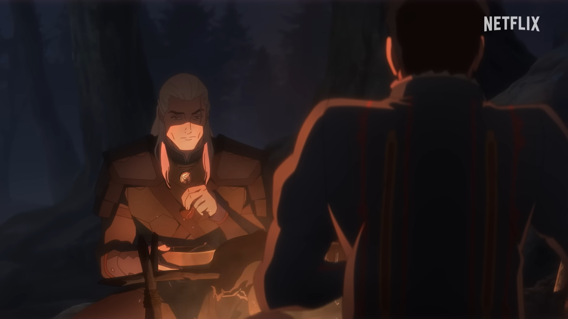 Animated Geralt of Rivia sitting in front of a campfire, holding meat on a stick.