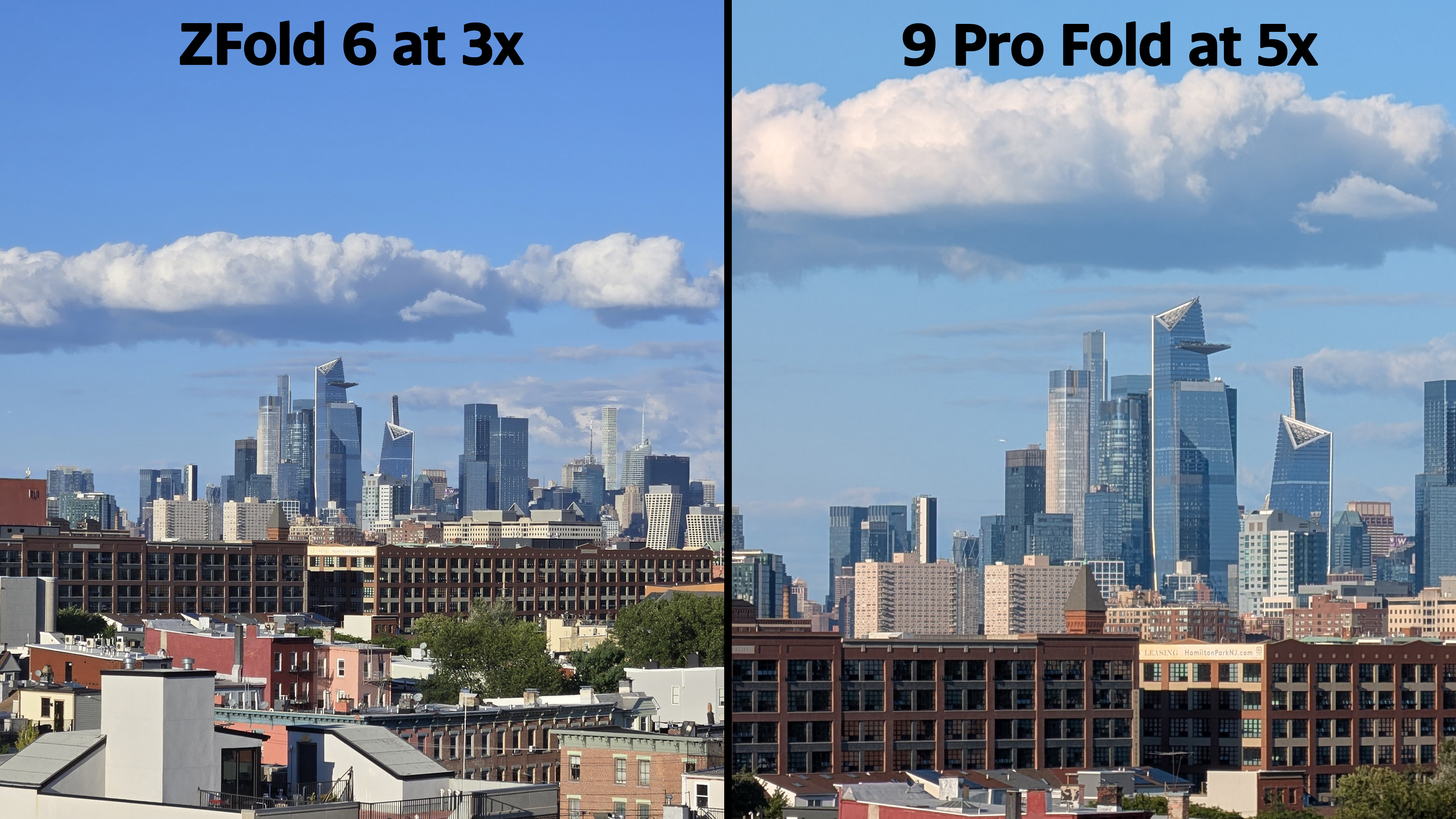 A composite shot of samples from the Galaxy Z Fold 6 and Pixel 9 Pro Fold featuring the New York City skyline. 