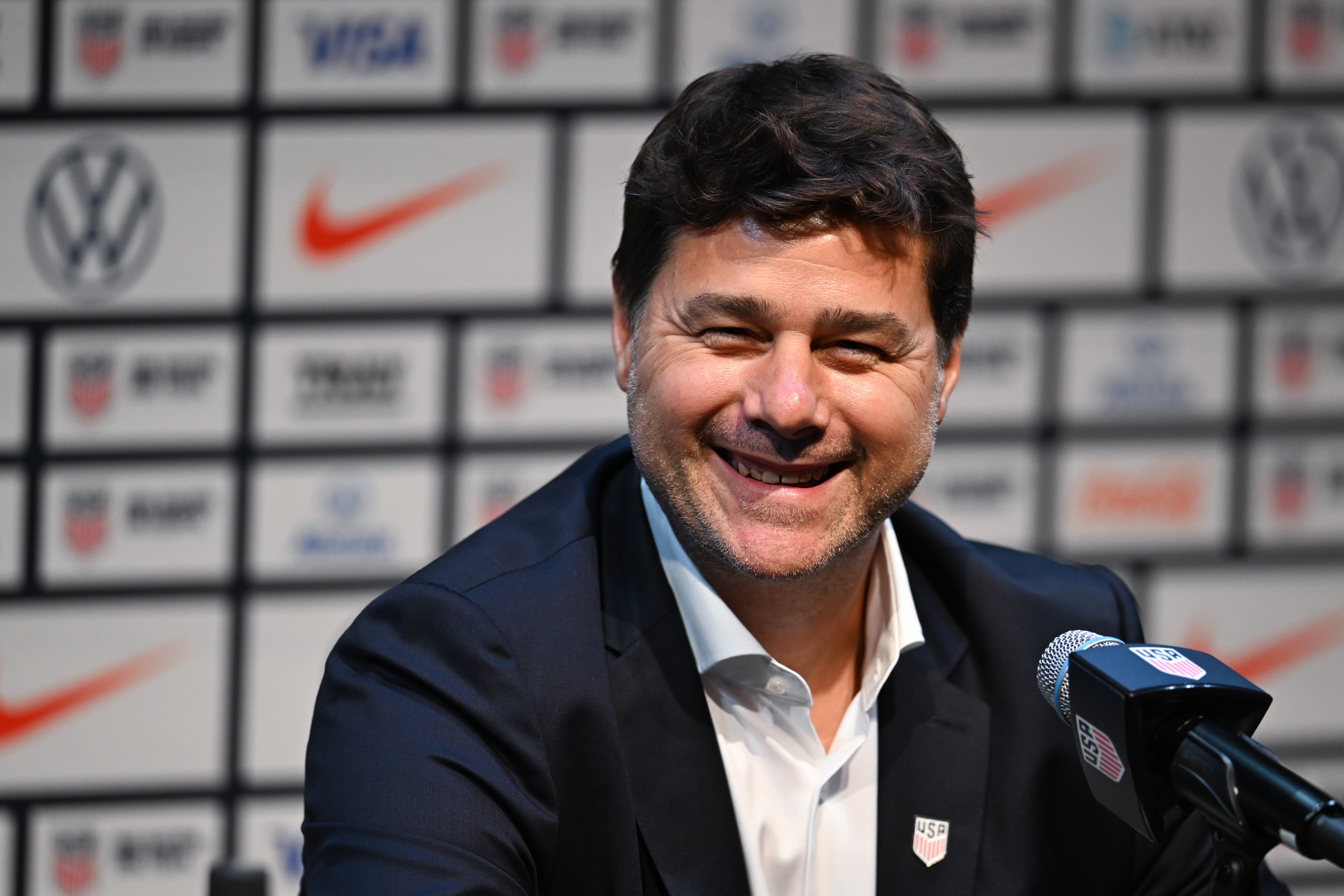 NEW YORK, NEW YORK - SEPTEMBER 13: Mauricio Pochettino laughs during his first press conference as head coach of the U.S. Mens National Team at Hudson Yards on September 13, 2024 in New York City. (Photo by Stephen Nadler/ISI Photos/Getty Images)