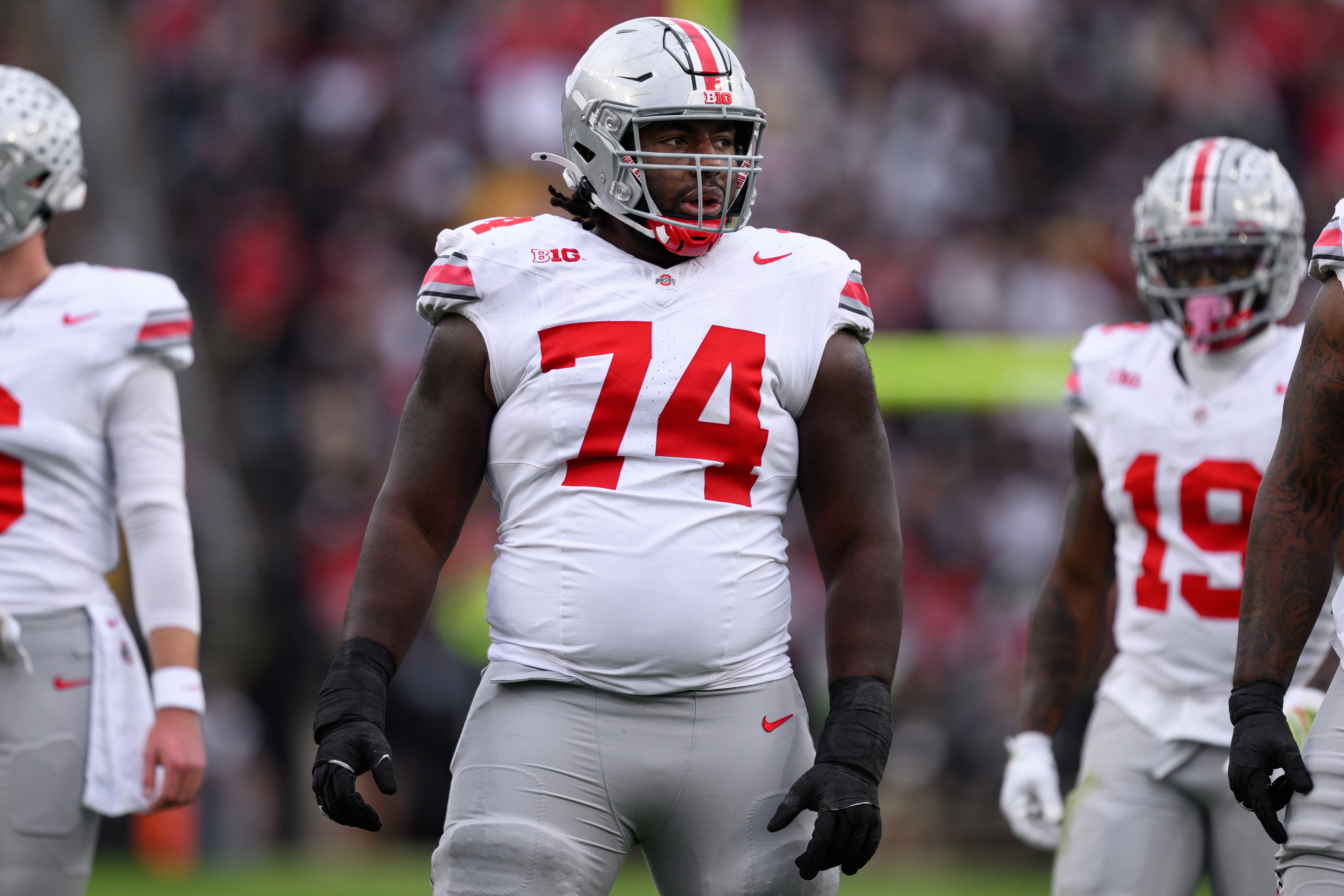 There are lots of Buckeyes late in in our first 2025 NFL mock draft, like guard Donovan Jackson. (Photo by Zach Bolinger/Icon Sportswire via Getty Images)