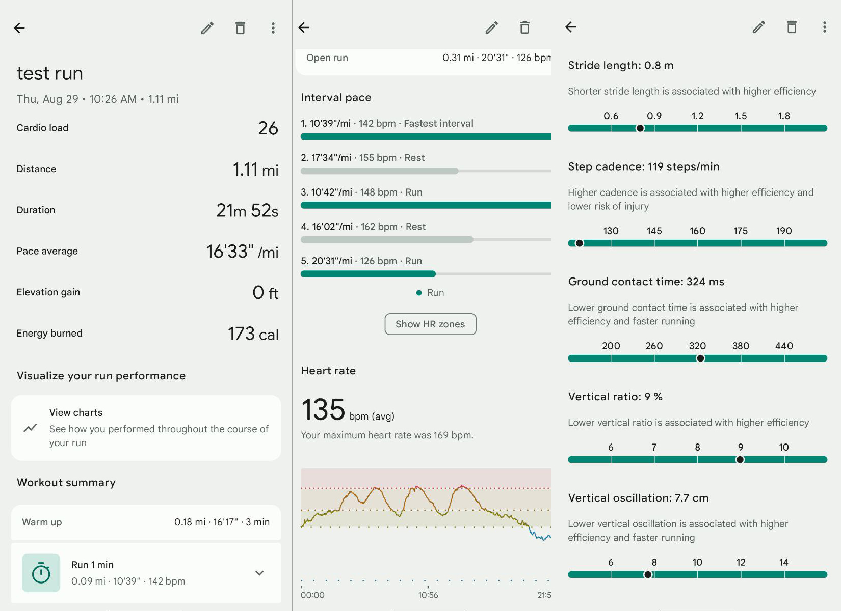 Three screenshots in a composite image showing the data from a session named 