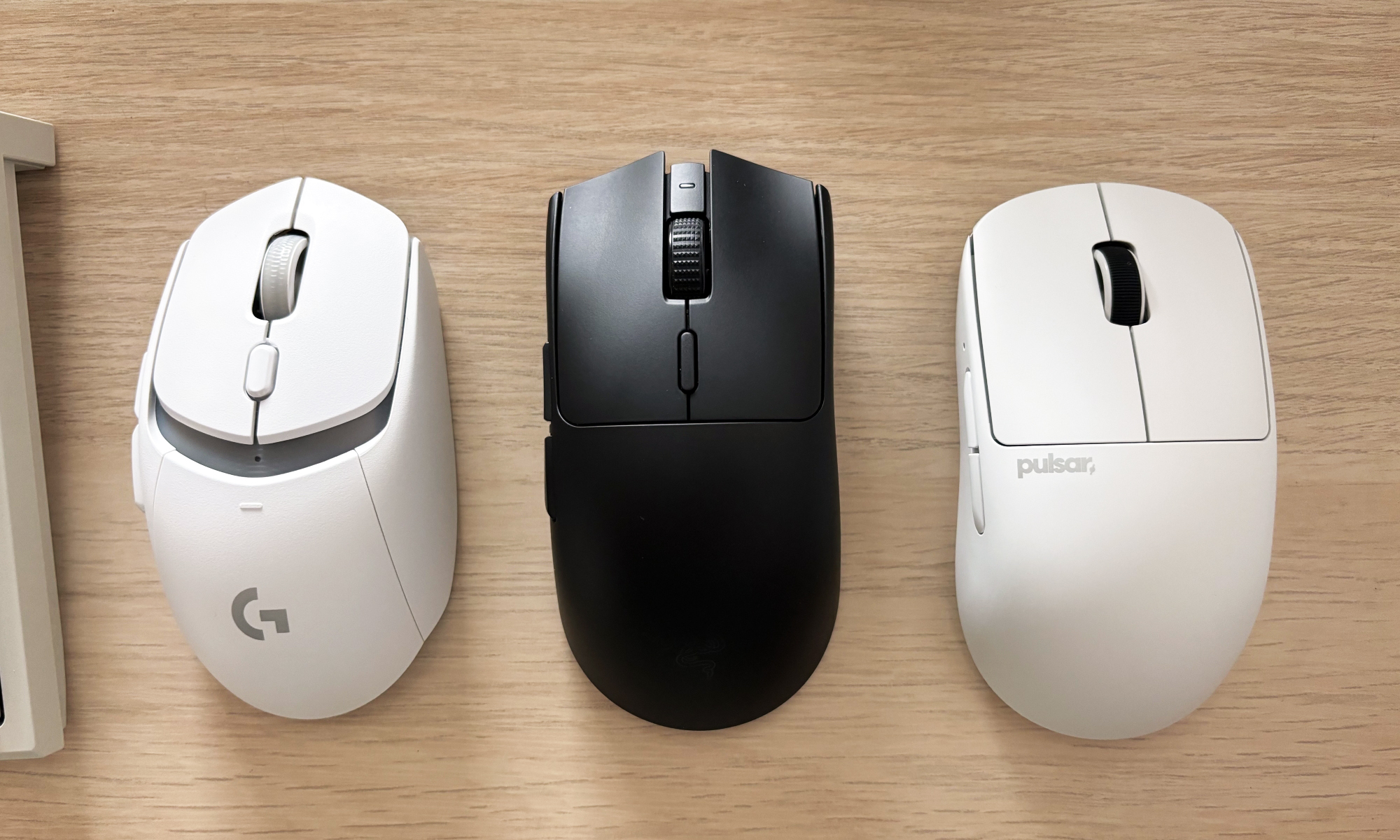 Some gaming mice we tested for our latest update. Left to right: the Logitech G309 Lightspeed, the Razer Viper V3 HyperSpeed and the Pulsar X2 V2.