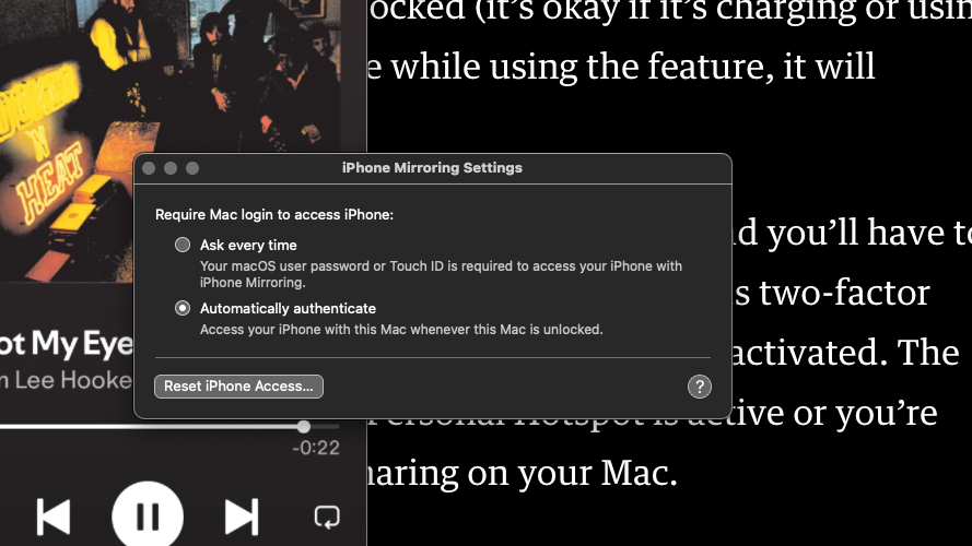 macOS screenshot showing the settings window for the iPhone Mirroring app.