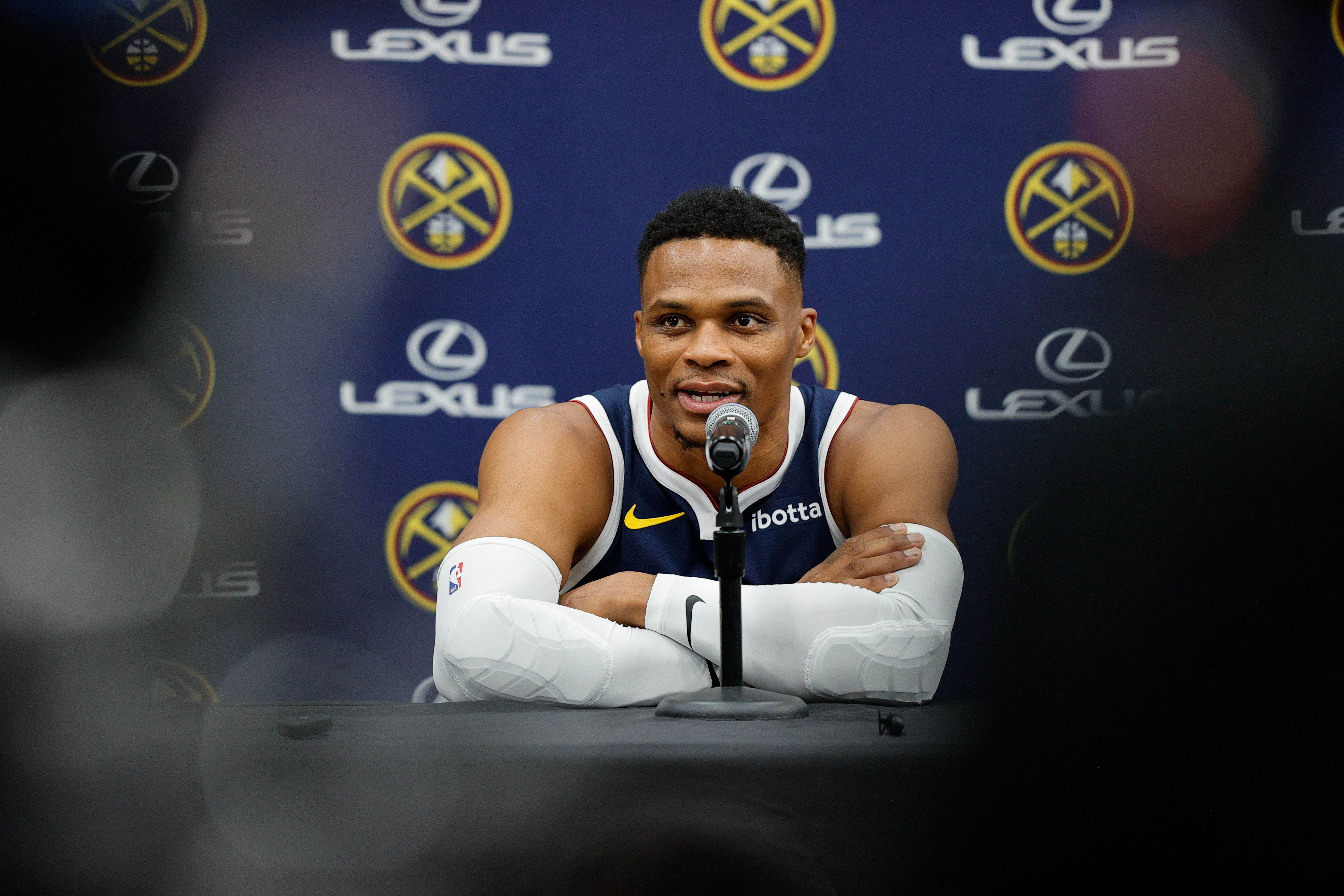 Sep 26, 2024; Denver, Co, USA; Denver Nuggets guard Russell Westbrook (4) during Denver Nuggets Media Day. Mandatory Credit: Isaiah J. Downing-Imagn Images