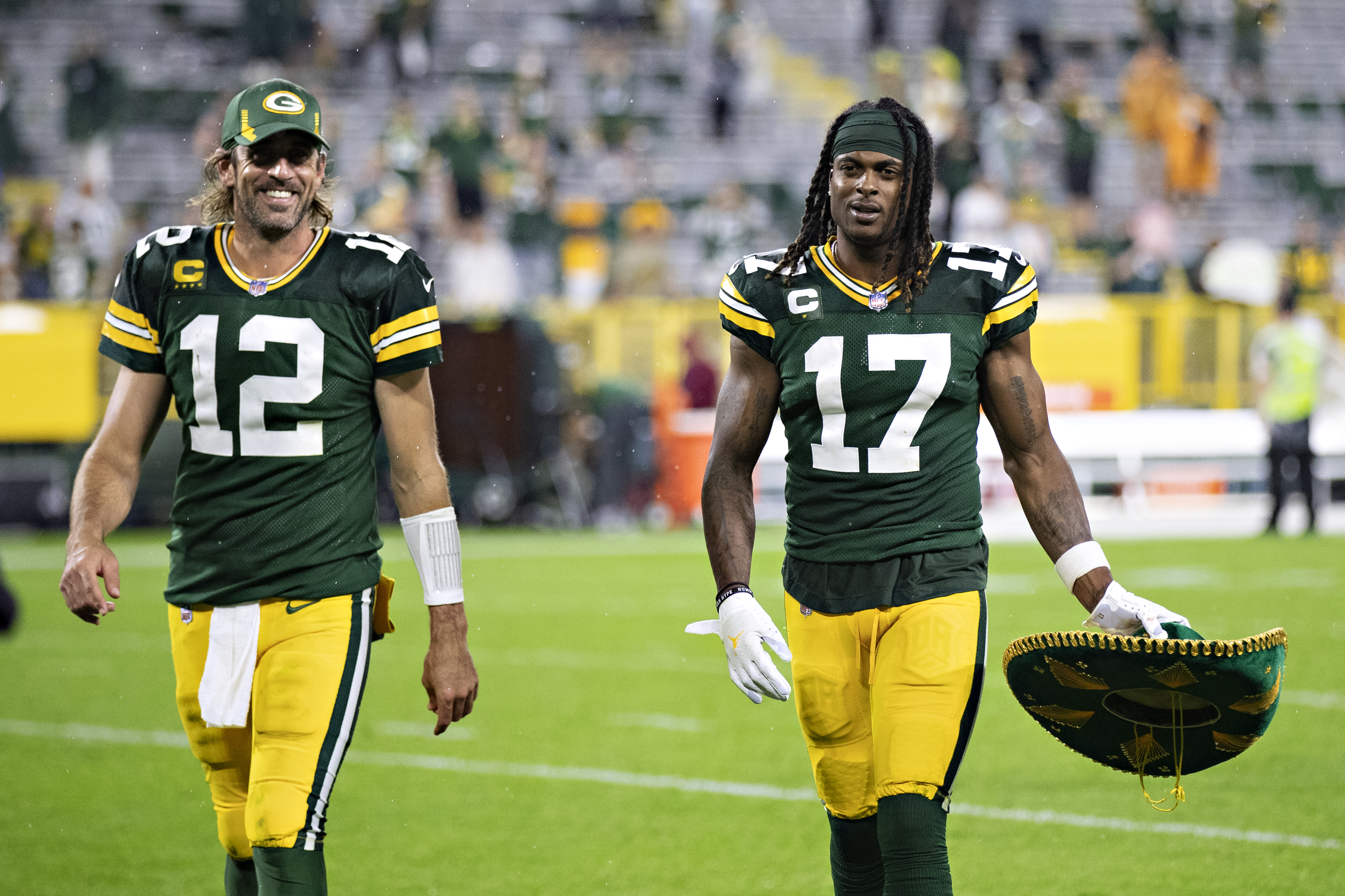 Aaron Rodgers and Davante Adams formed one of the best quarterback-wide receiver tandems in the NFL while in Green Bay.  (Wesley Hitt/Getty Images)