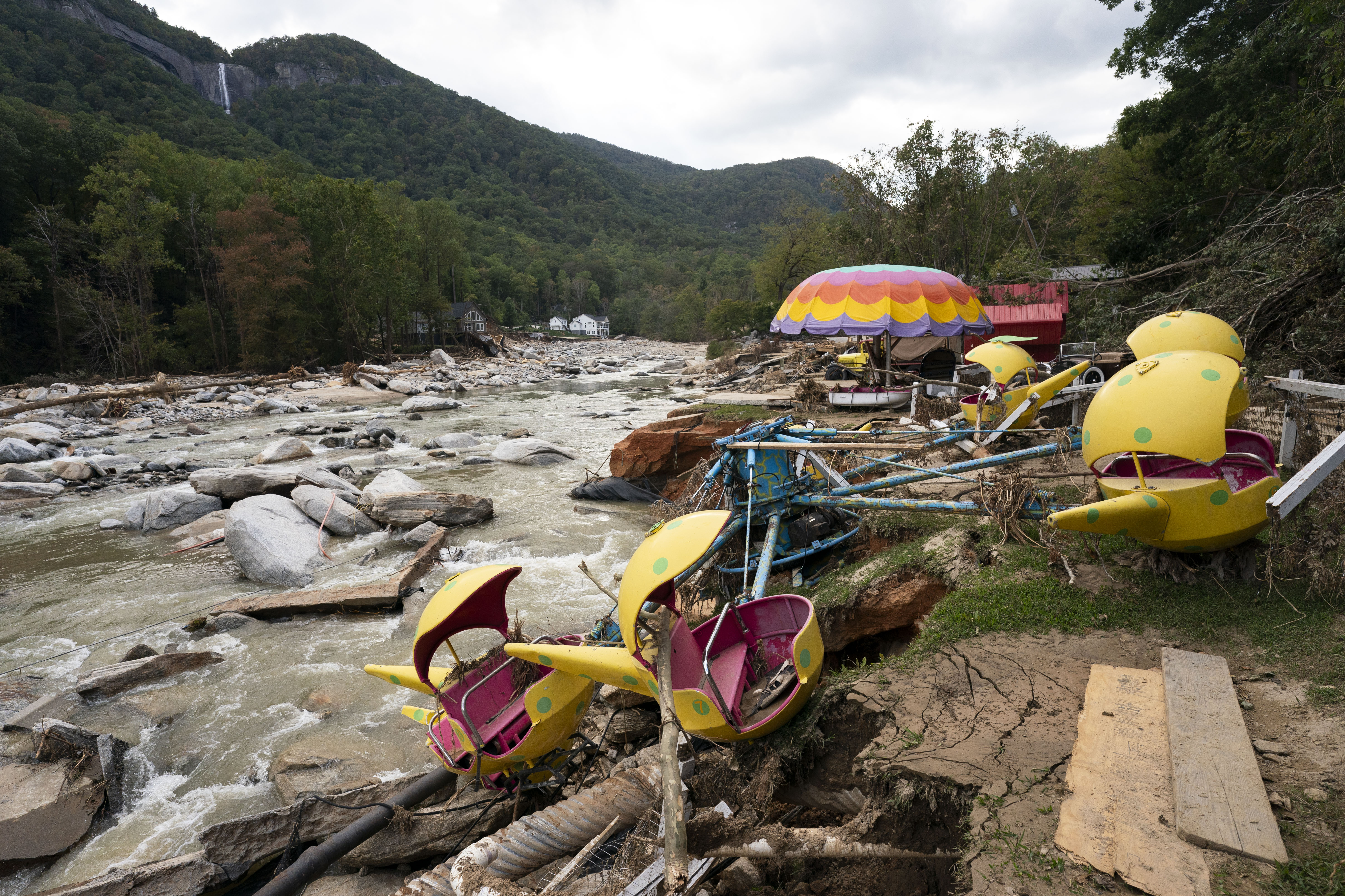 Flood damage was observed along Bayou Billy on the Broad River in Chimney Rock, NC on Wednesday following Hurricane Helene 