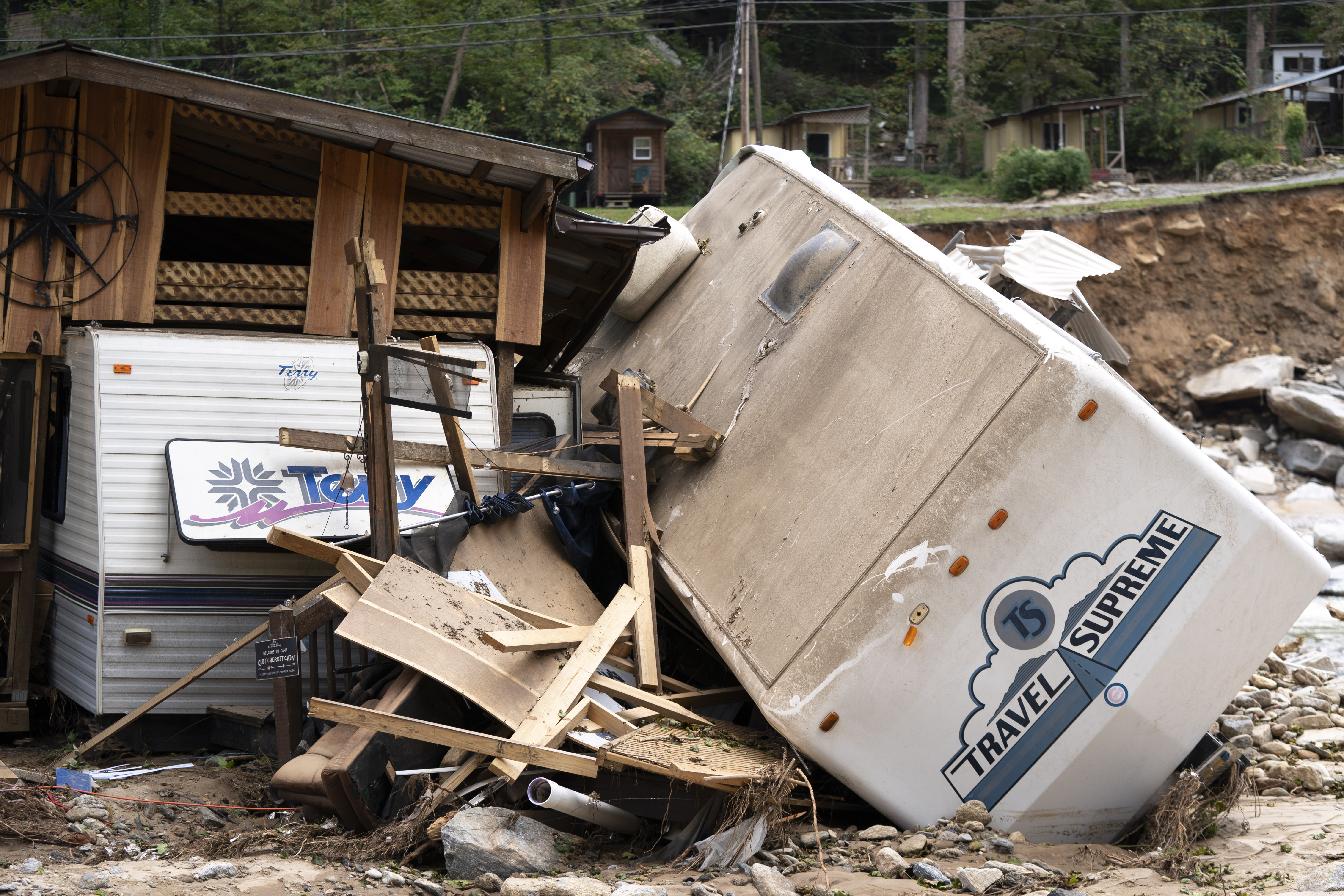 A damaged property stands along the Broad River in Chimney Rock, North Carolina, in the wake of Hurricane Helene on Wednesday