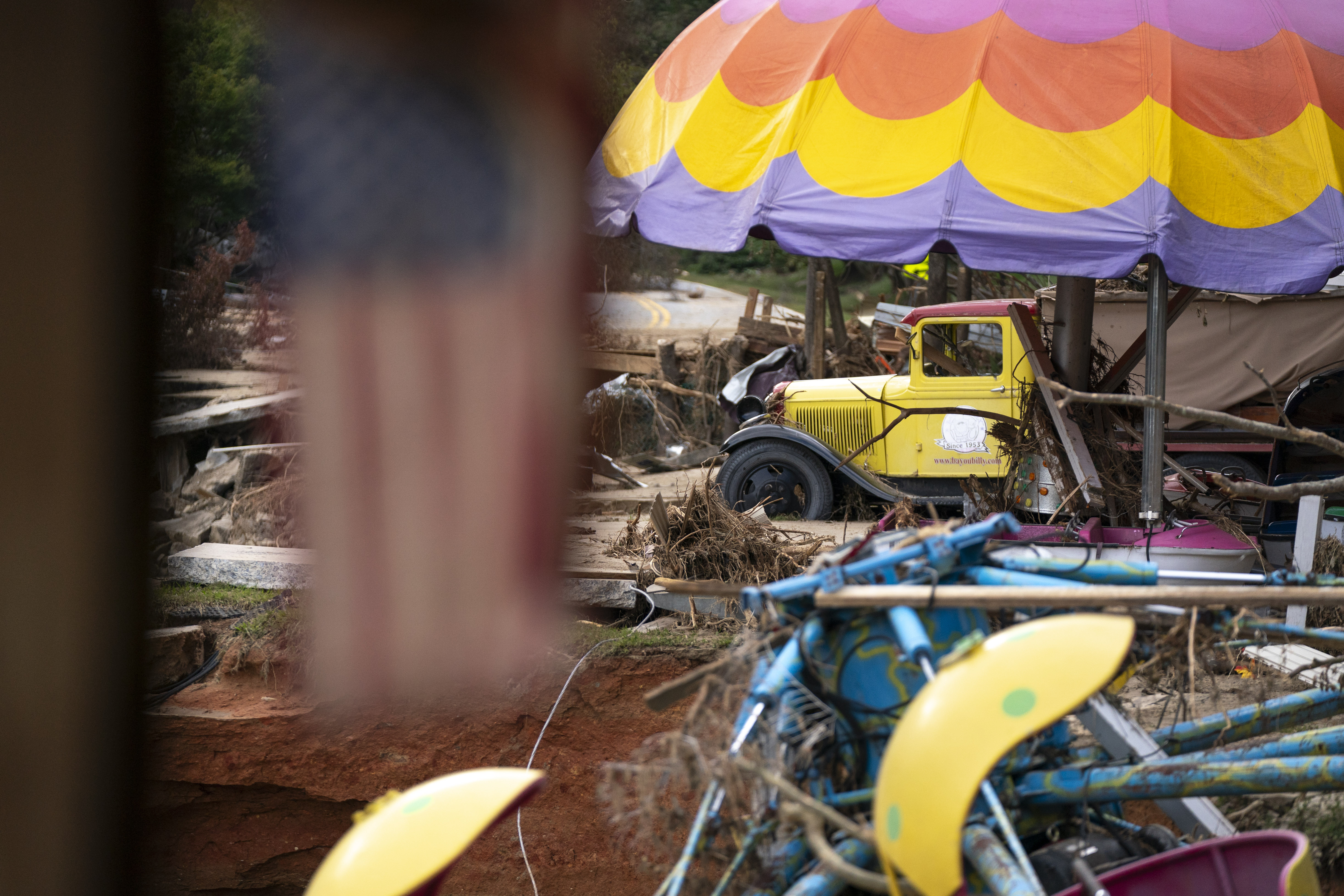 Flood damage was observed along Bayou Billy on the Broad River in Chimney Rock, NC on Wednesday following Hurricane Helene 