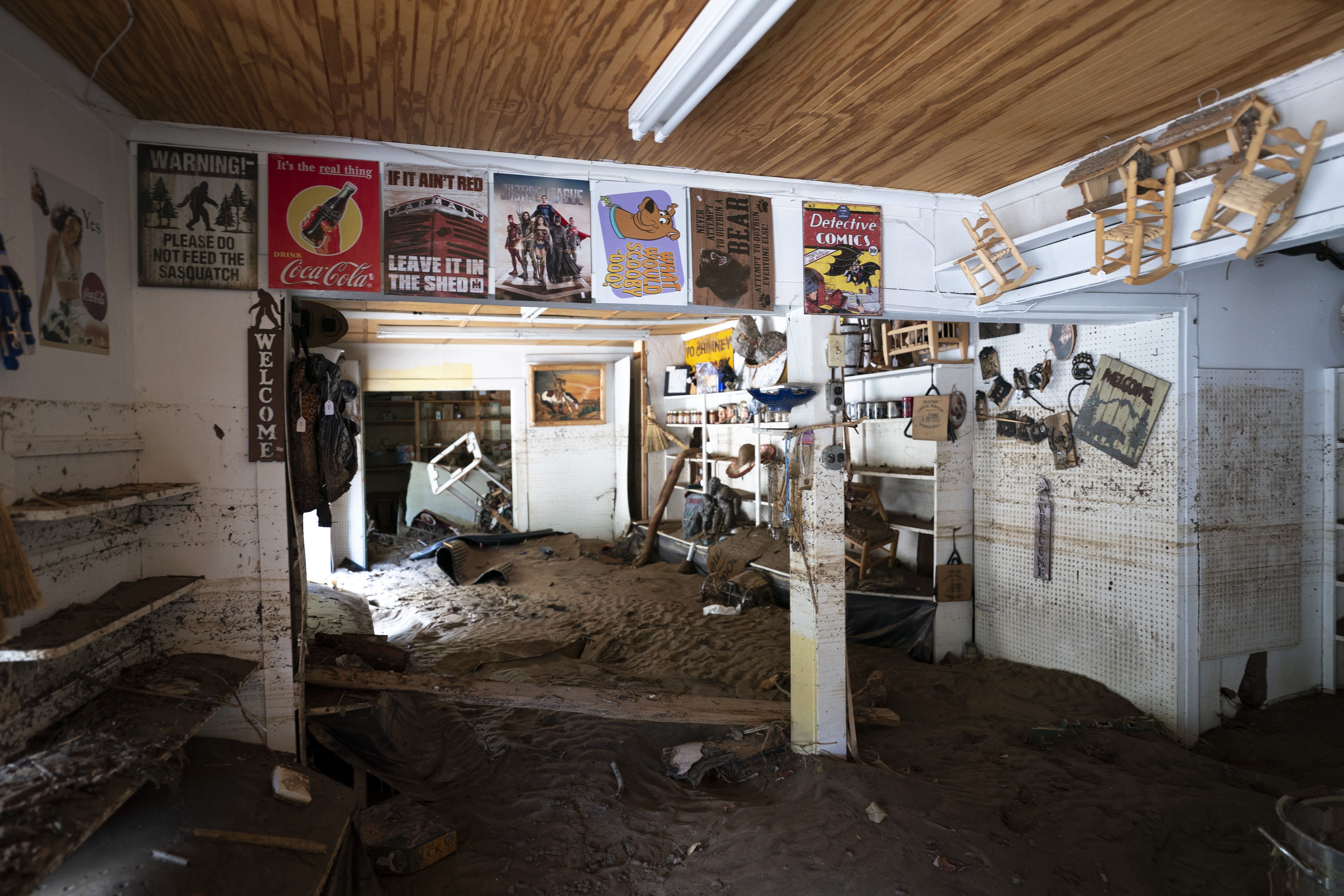 Flood damage was observed at a Broad River business in Chimney Rock, North Carolina on Wednesday following Hurricane Helene