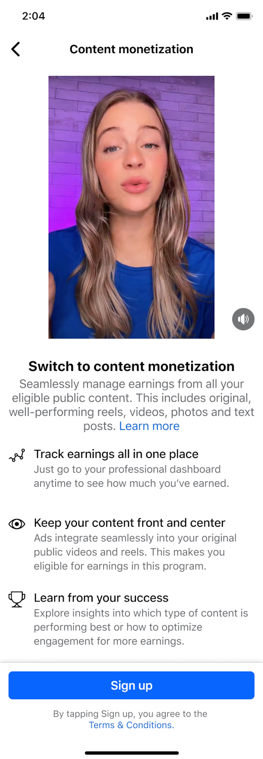 A screenshot showing a person's profile picture with information on Facebook's content monetization program.