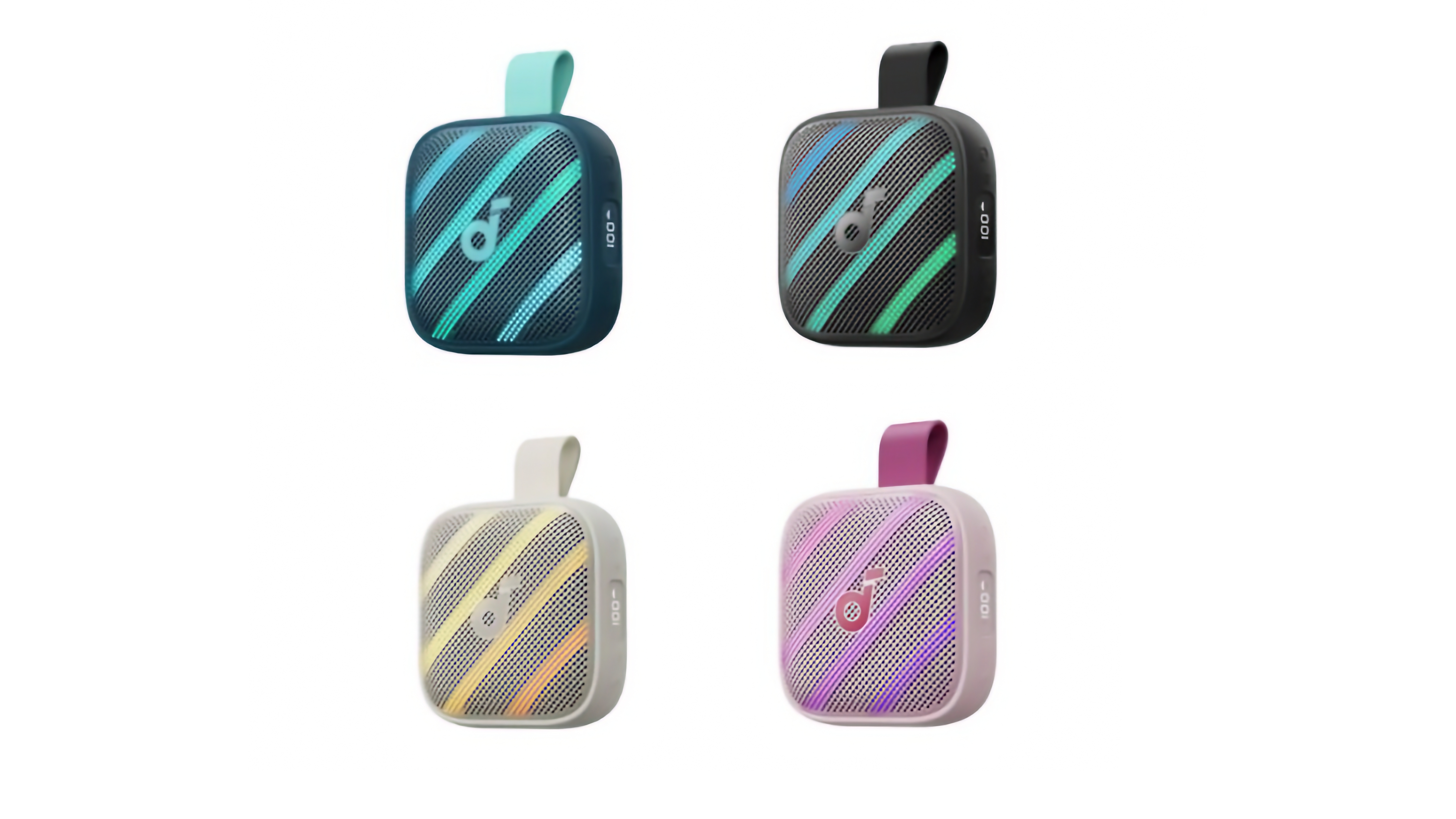 Four different colors of the square Soundcore Boom Go 3i speaker.