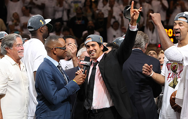 Head coach Erik Spoelstra of the Miami Heat looks across the court News  Photo - Getty Images