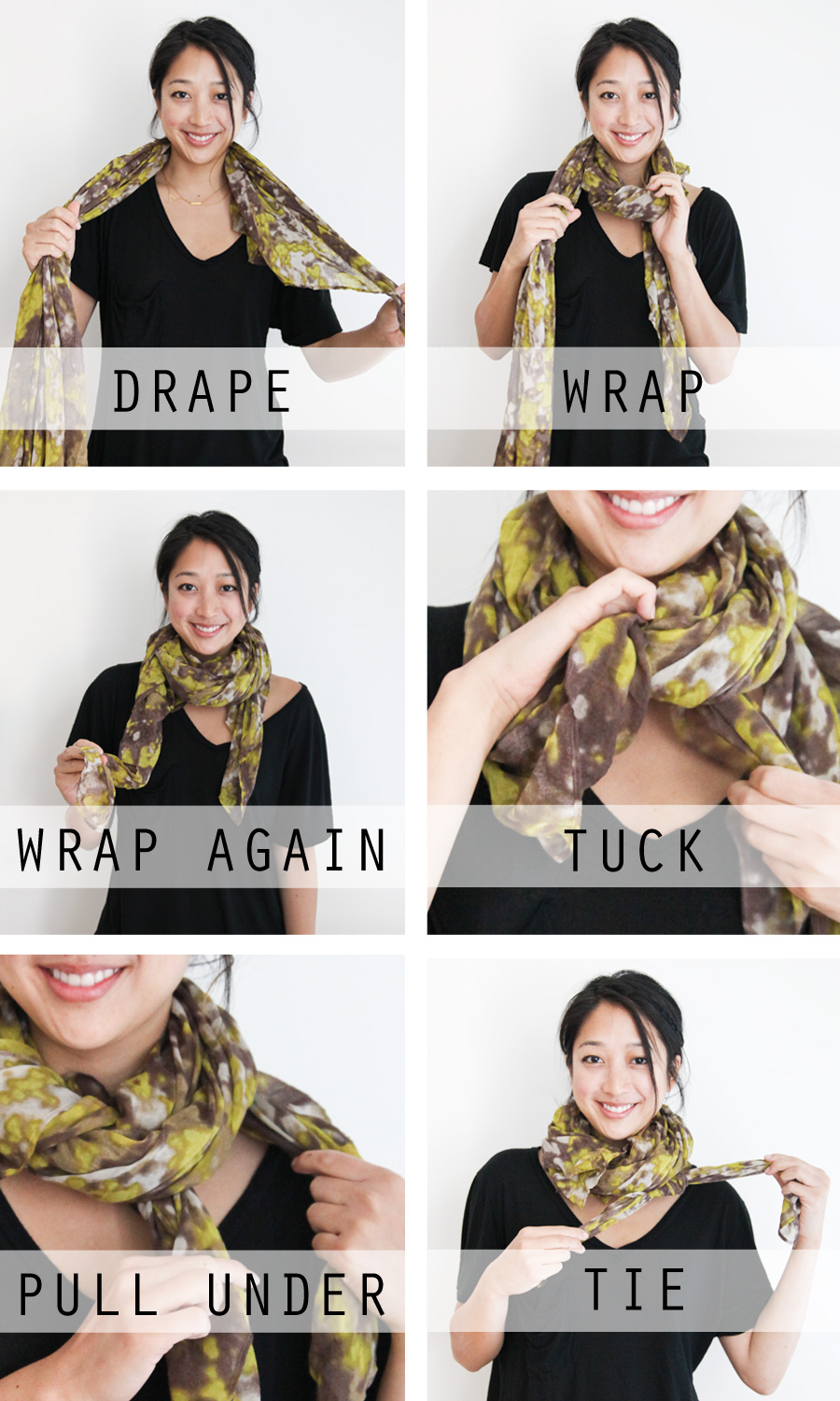 1. Simply wrap your scarf twice, tighter at the neck, and tie loosely. 2.  Fold your scarf in half, put …