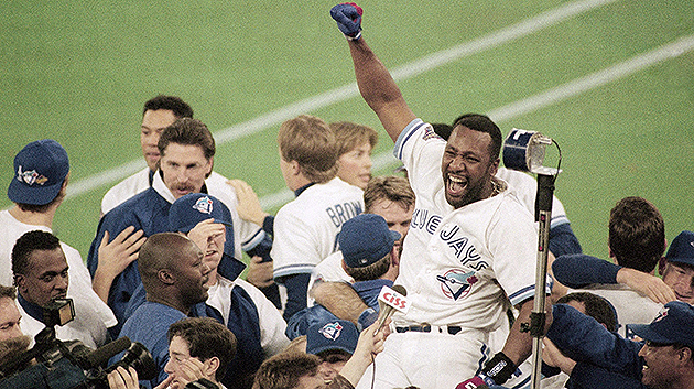 Joe Carter wins the World Series on a walk-off 3-run home run. “Touch